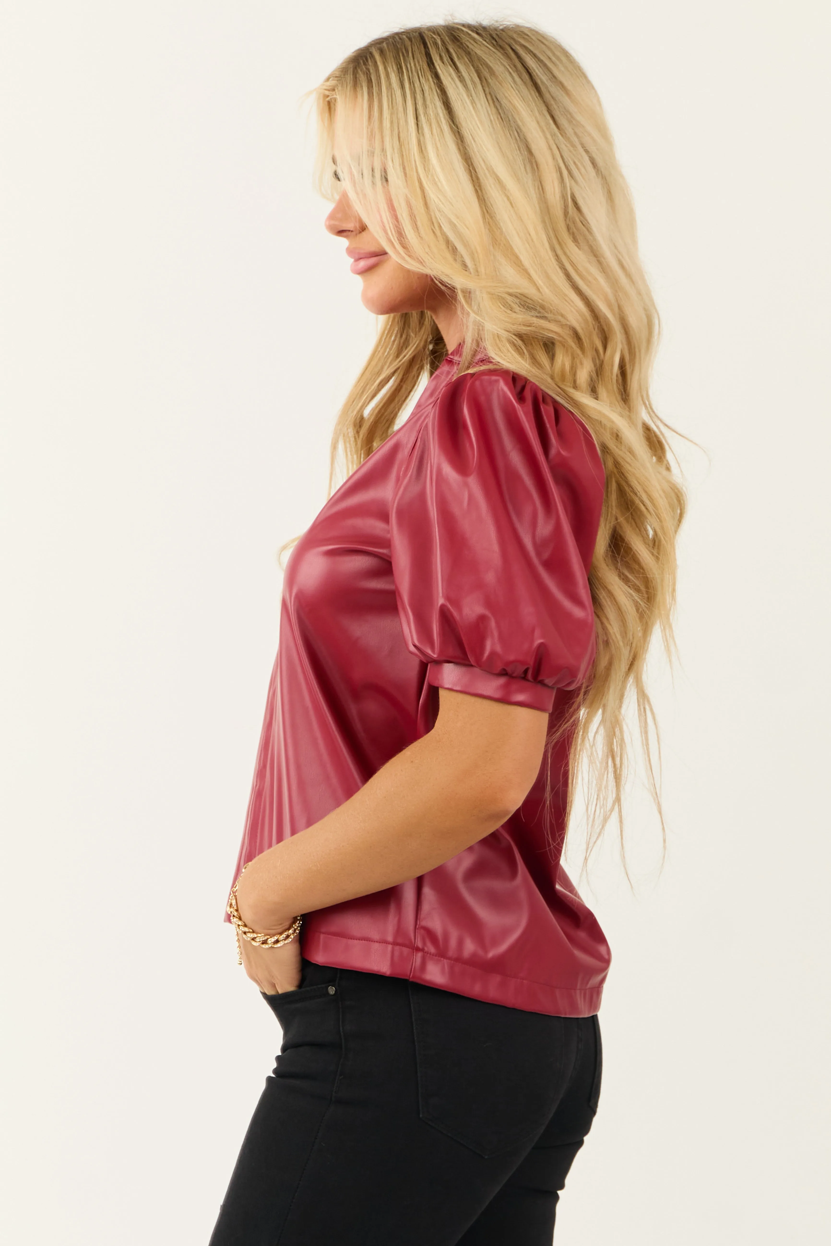 Lipstick Puff Sleeve Split Neck Faux Leather Top sold by Lime Lush product image thumbnail 4