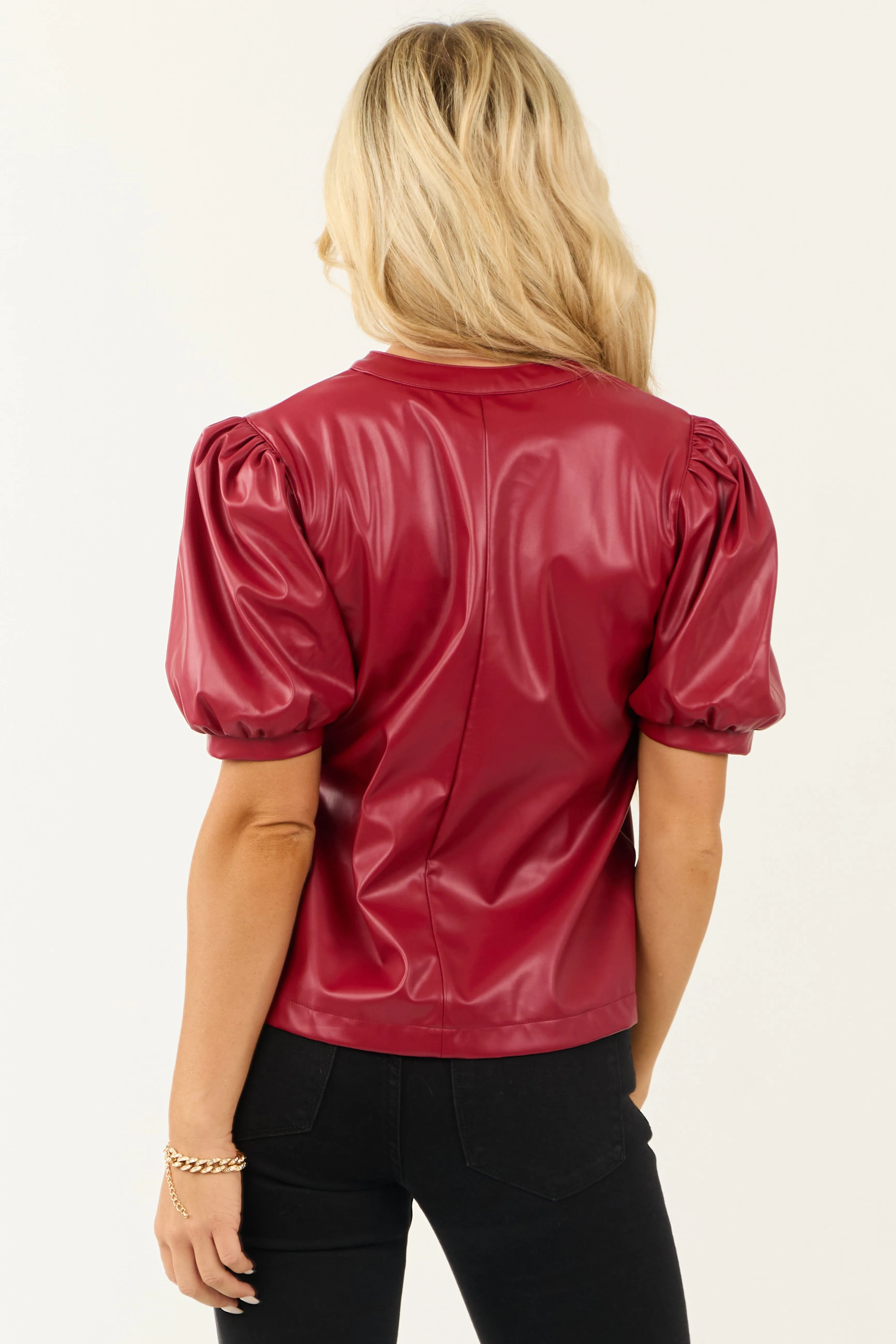 Lipstick Puff Sleeve Split Neck Faux Leather Top sold by Lime Lush product image thumbnail 5