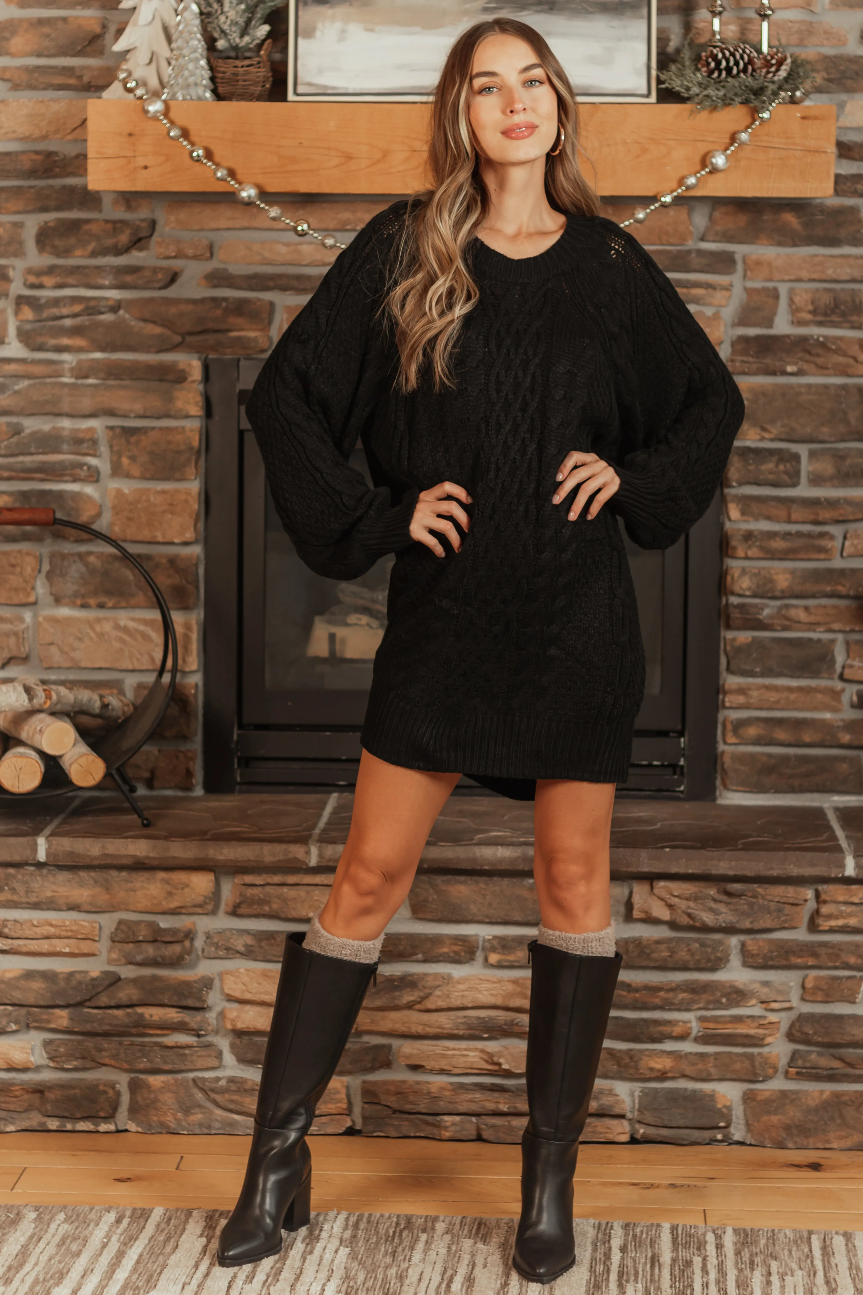Black Long Balloon Sleeve Short Sweater Dress sold by Lime Lush product image thumbnail 2