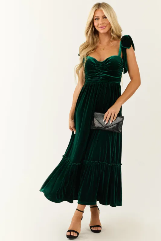 Deep Pine Velvet Tie Straps Ruched Maxi Dress sold by Lime Lush