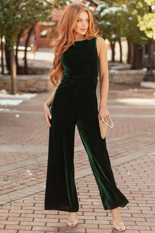 Forest Green Velvet Sleeveless Wide Leg Jumpsuit sold by Lime Lush