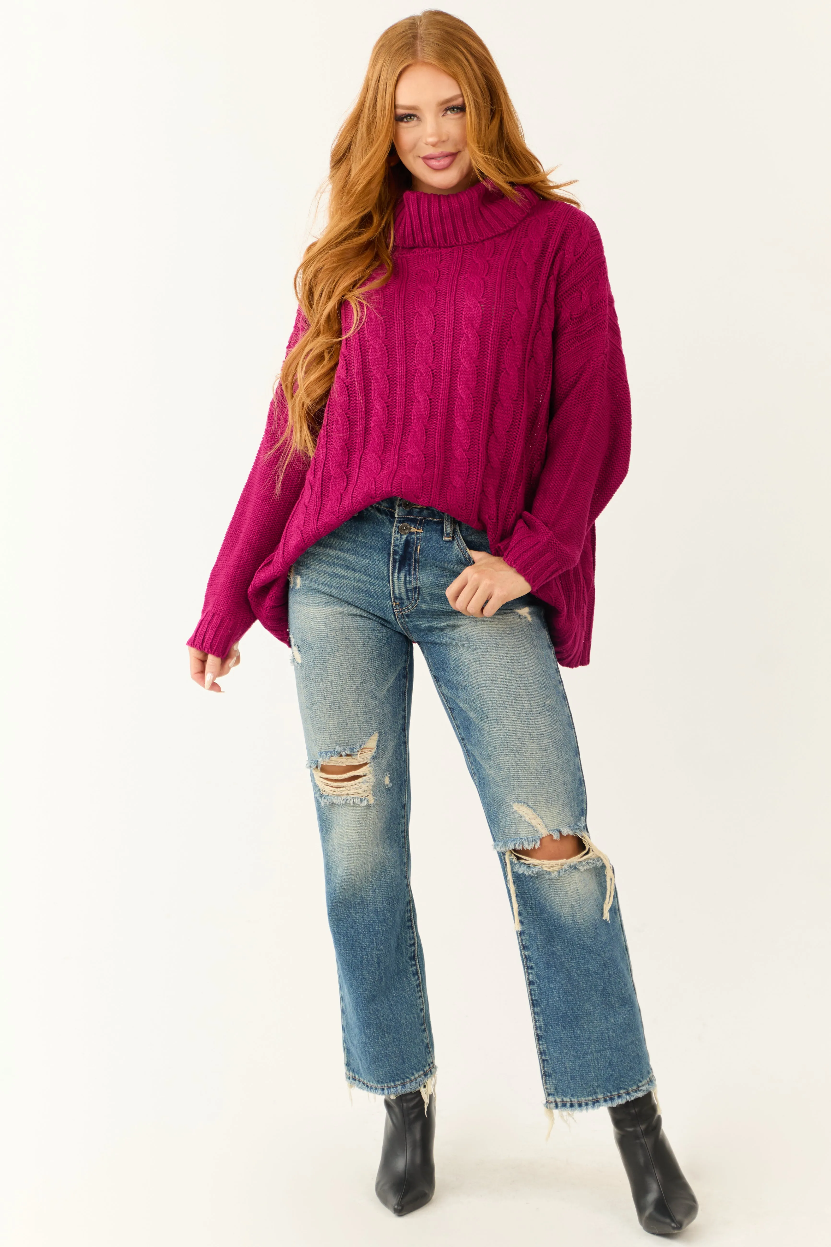 Berry Cable Knit Turtleneck Sweater sold by Lime Lush product image thumbnail 2