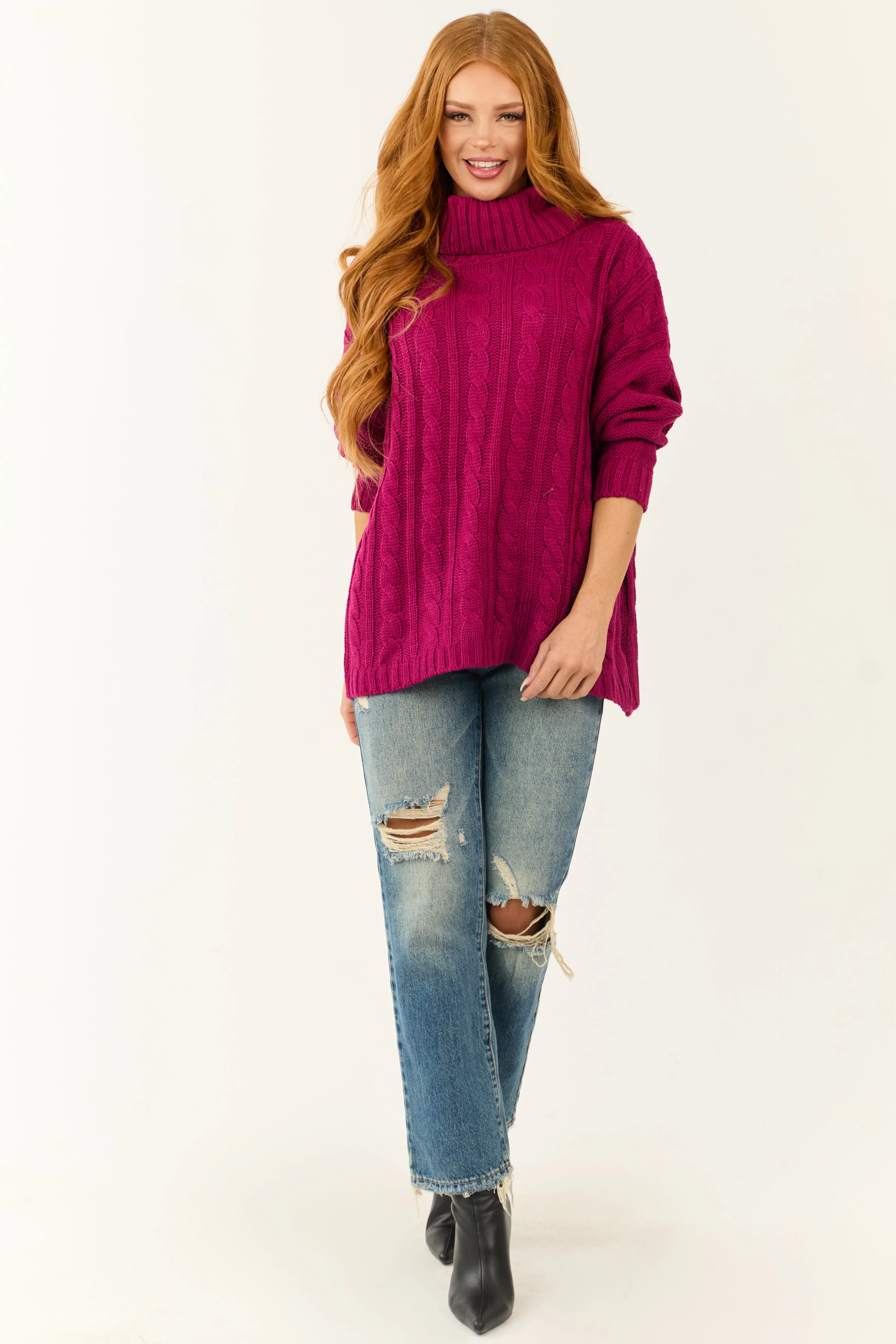 Berry Cable Knit Turtleneck Sweater sold by Lime Lush product image thumbnail 3