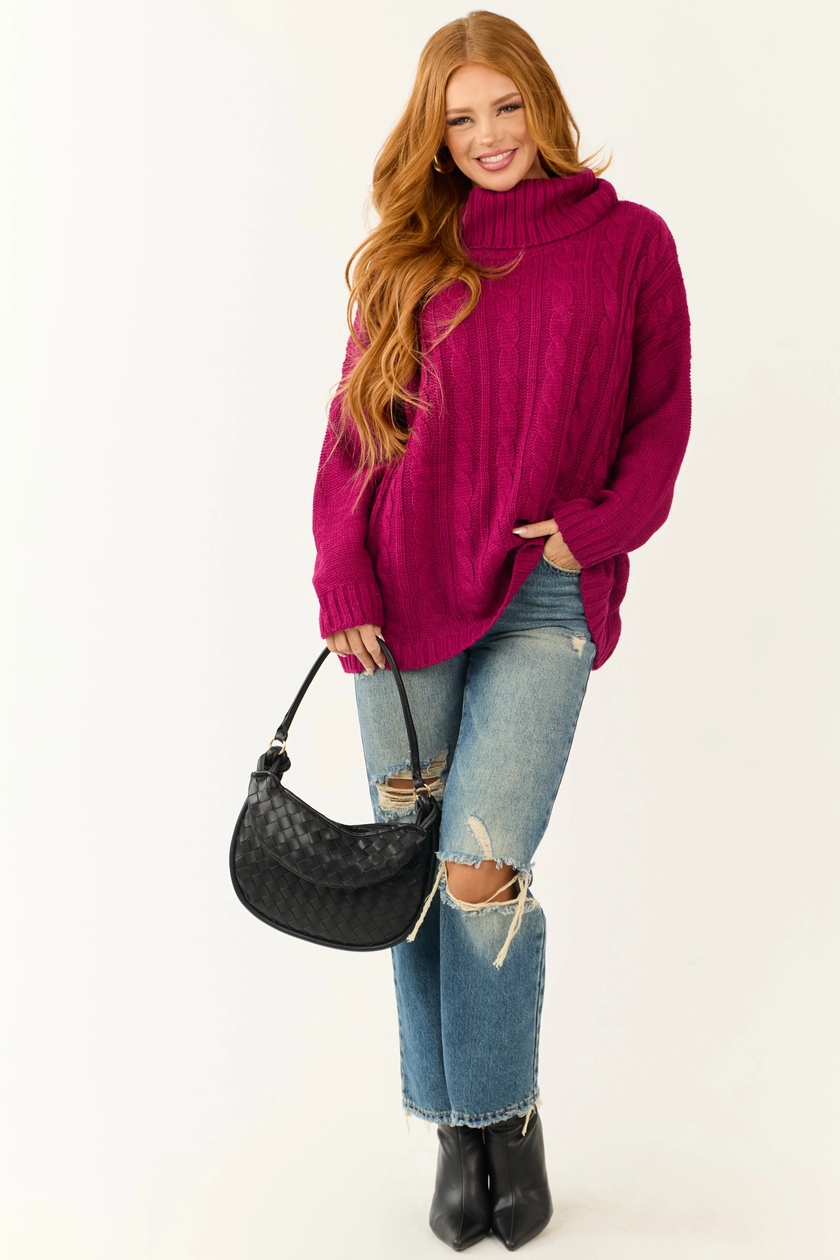 Berry Cable Knit Turtleneck Sweater sold by Lime Lush product image thumbnail 4
