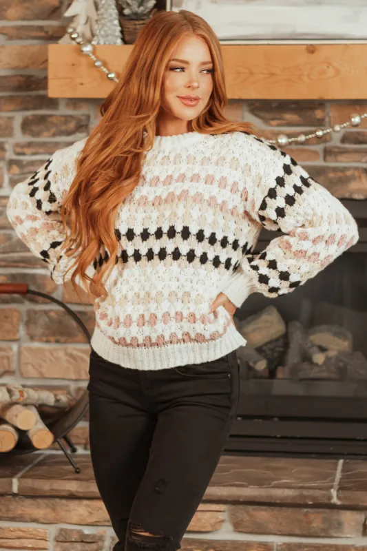Ivory Crochet Abstract Pattern Knit Sweater sold by Lime Lush