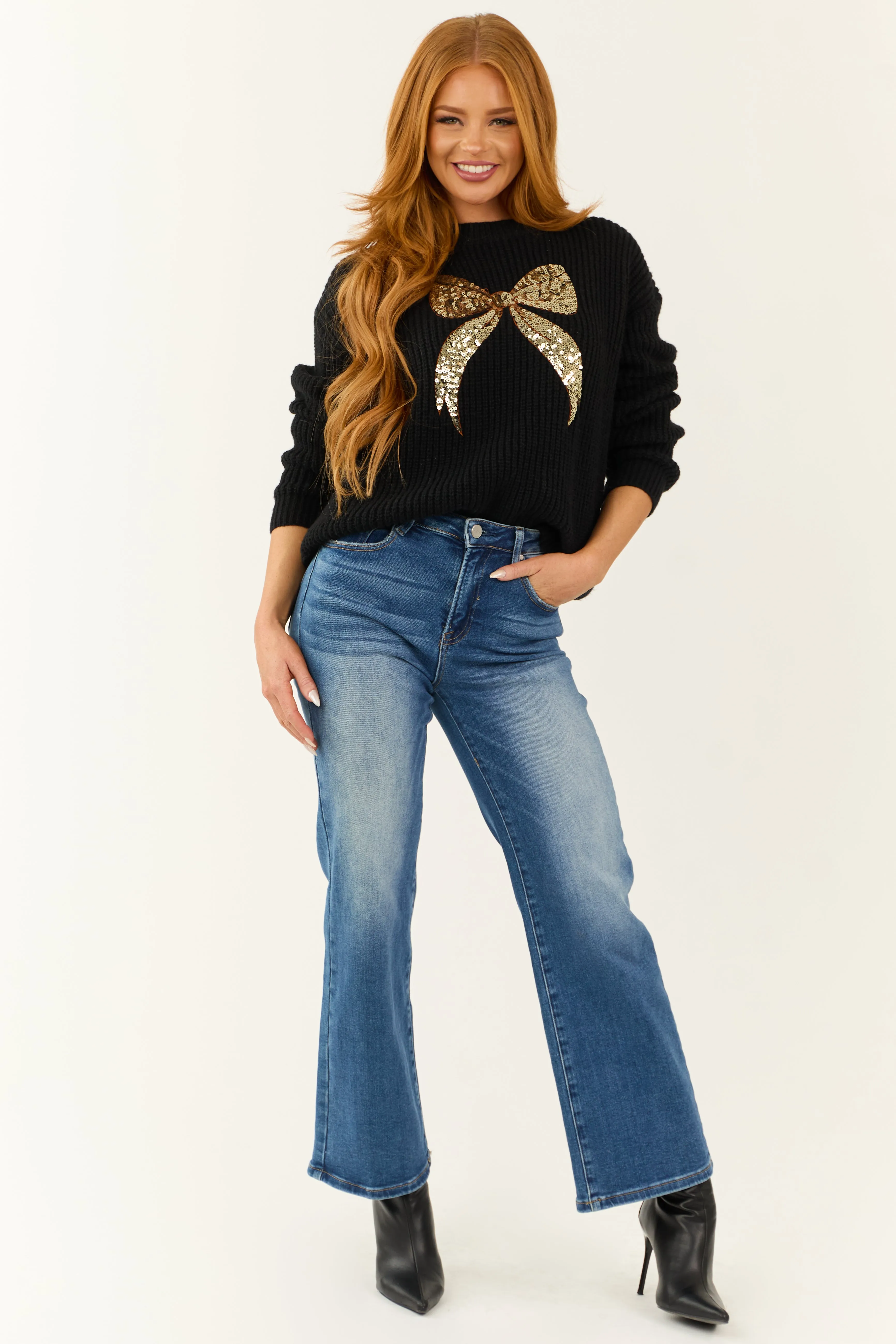 Black and Gold Sequin Bow Graphic Knit Sweater sold by Lime Lush product image thumbnail 2