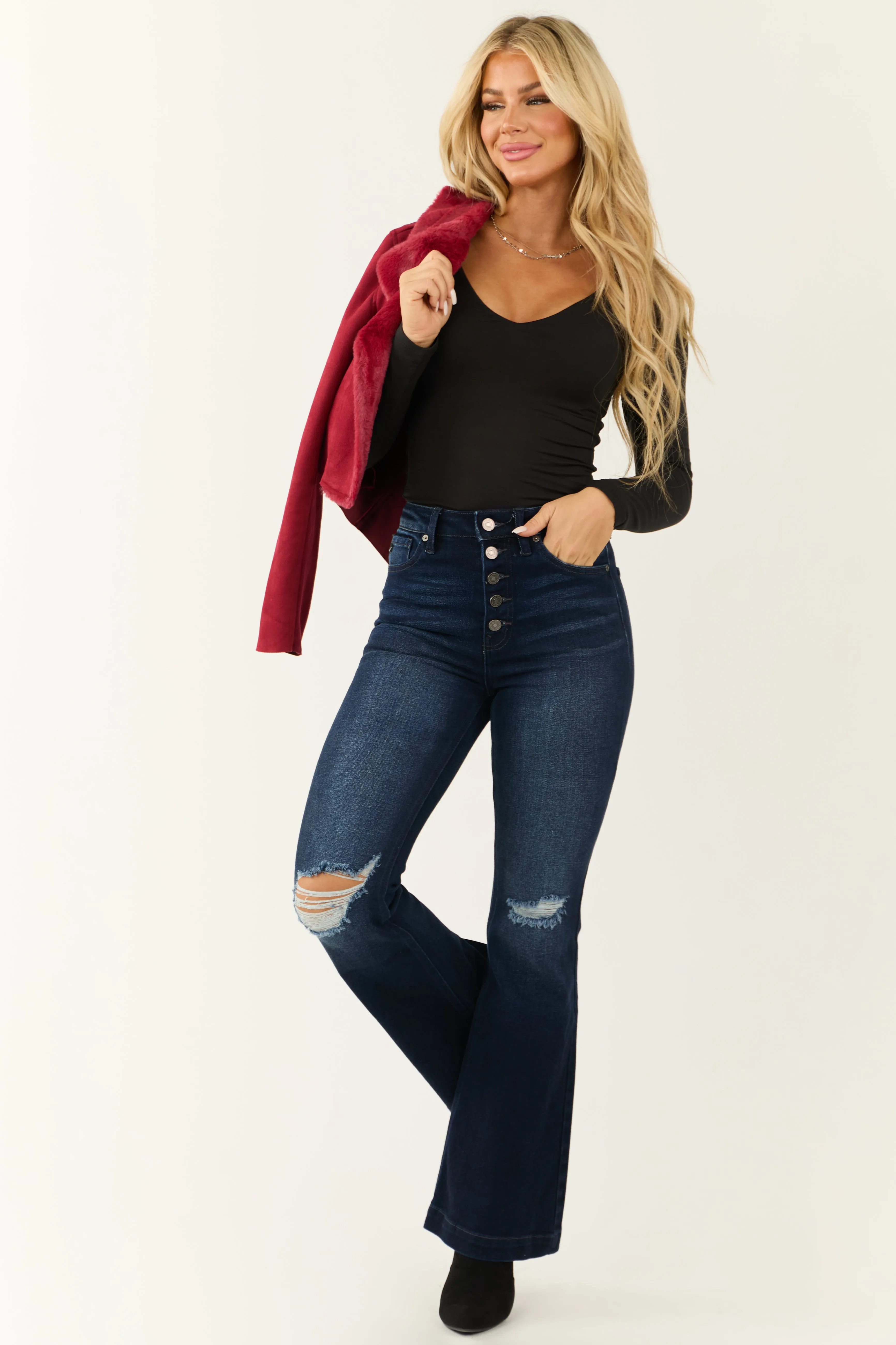 KanCan Dark Wash High Rise Flare Jeans sold by Lime Lush product image thumbnail 5