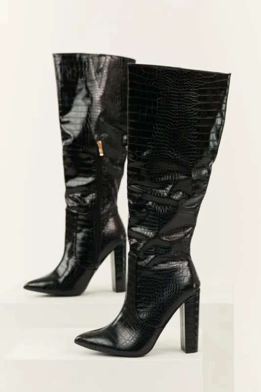 Black Faux Leather Crocodile Heeled Boots sold by Lime Lush