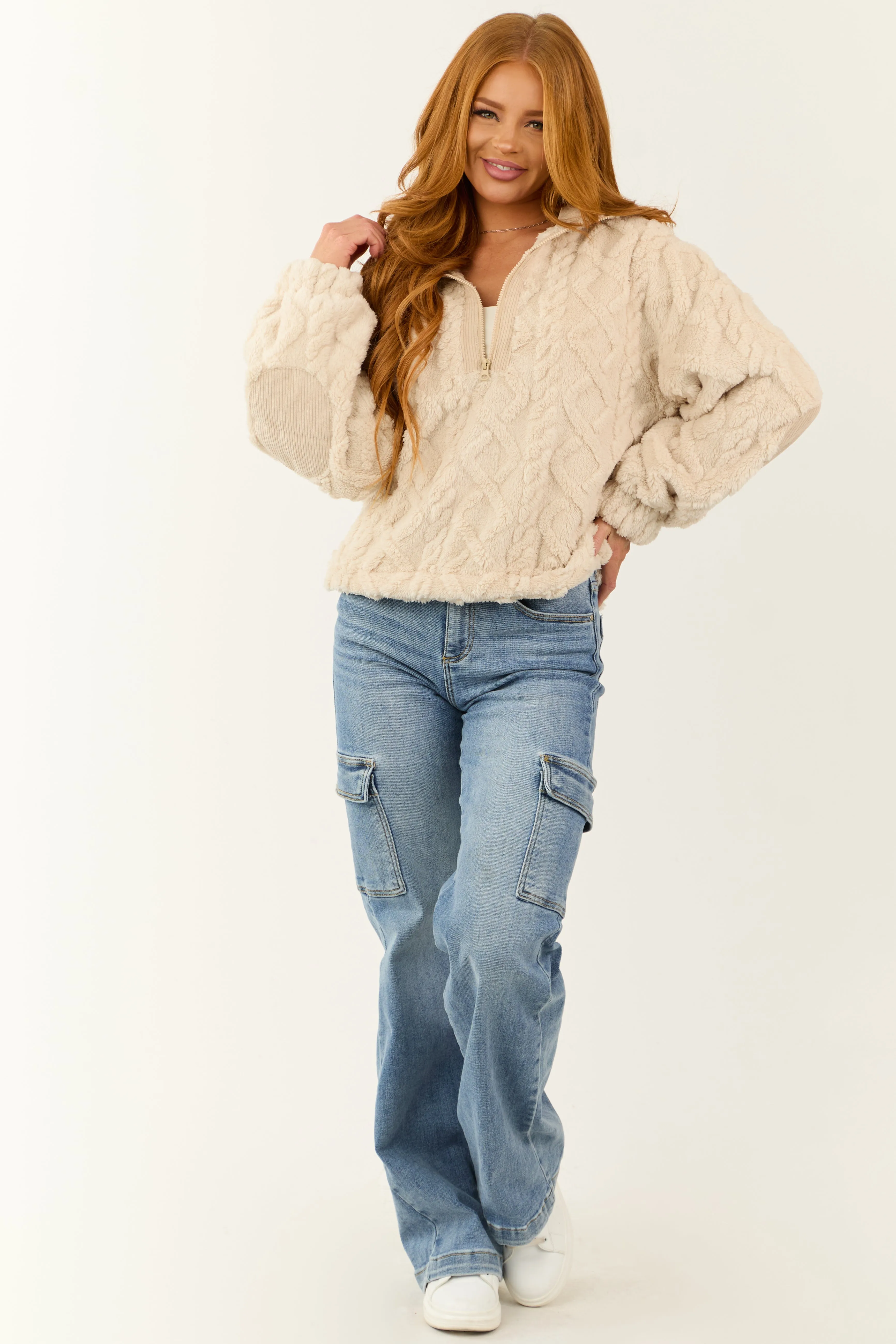 Coconut Fuzzy Fleece Cable Pattern Pullover sold by Lime Lush product image thumbnail 4