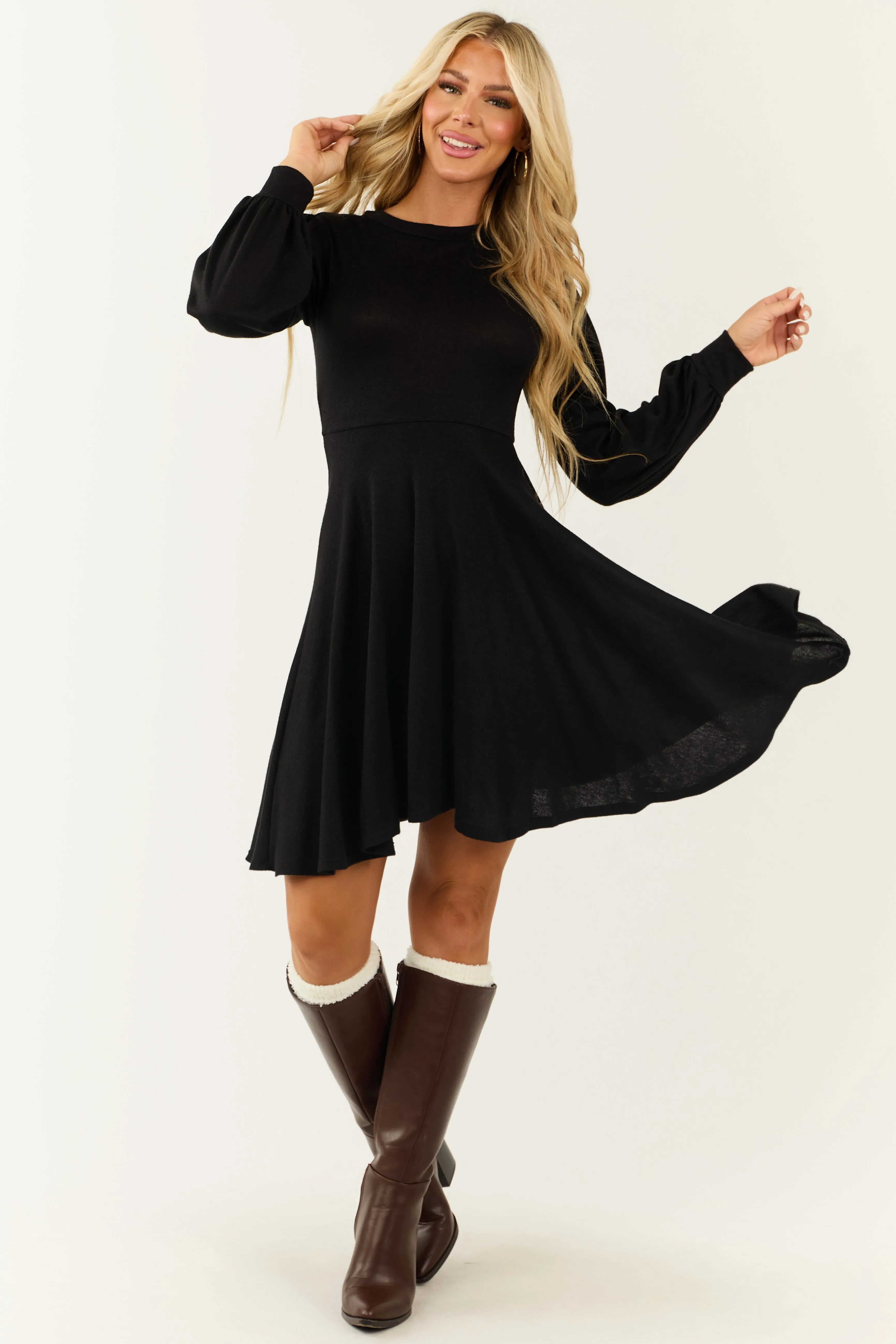 Black Hacci Knit Long Sleeve Flared Swing Dress sold by Lime Lush product image thumbnail 2