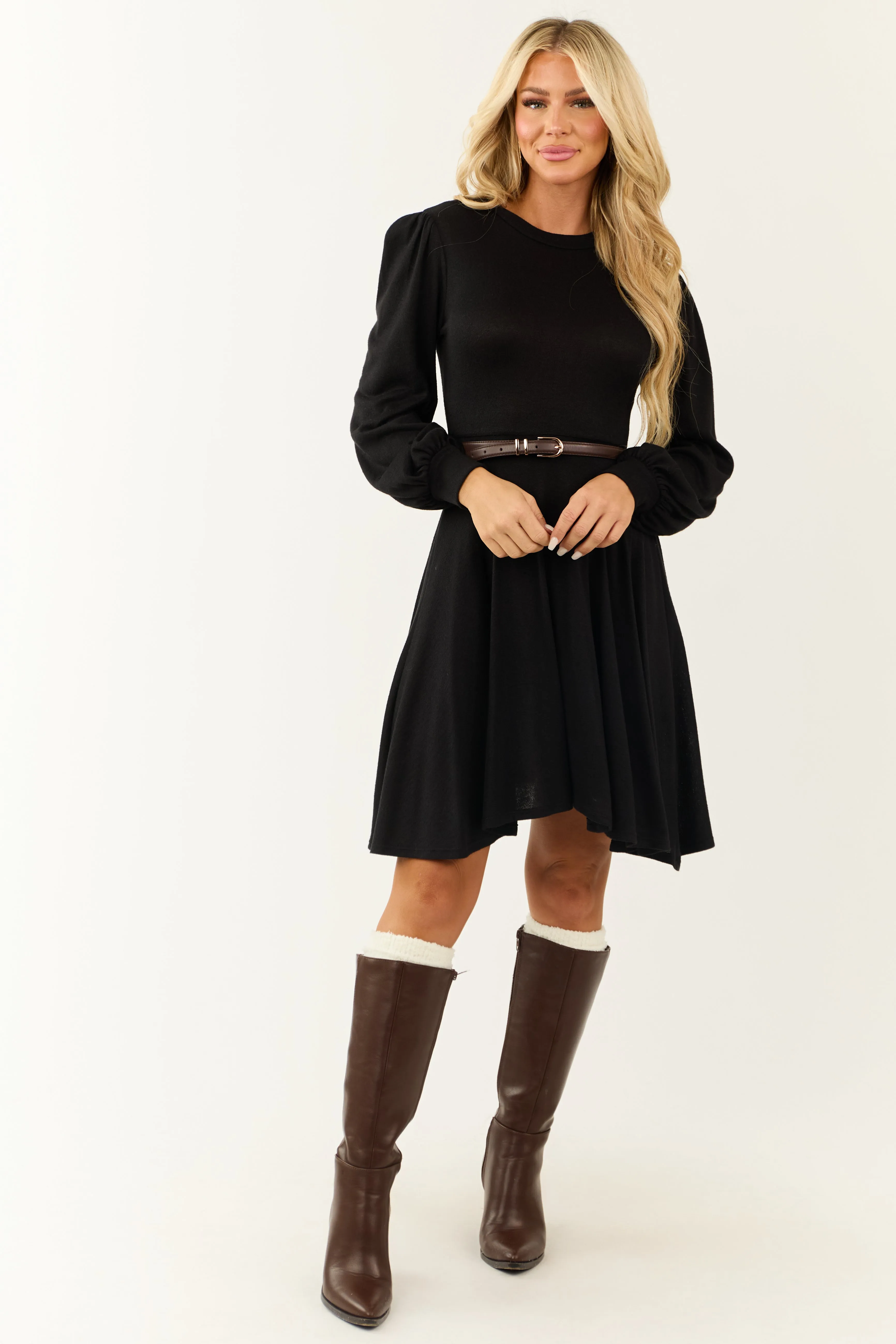 Black Hacci Knit Long Sleeve Flared Swing Dress sold by Lime Lush product image thumbnail 4