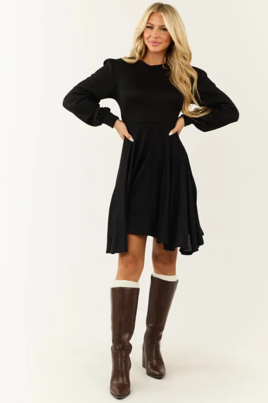 Black Hacci Knit Long Sleeve Flared Swing Dress sold by Lime Lush