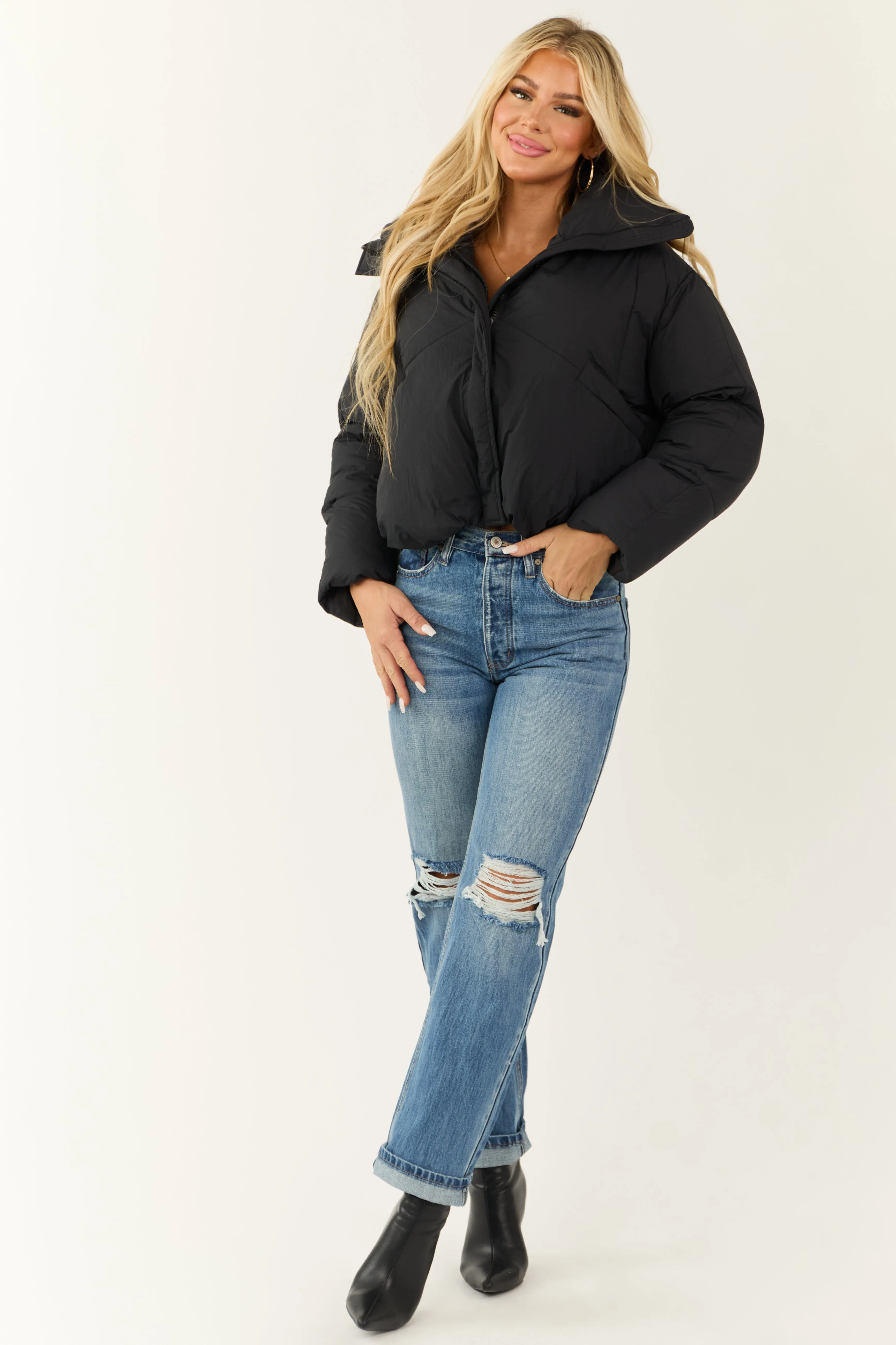 Black Mock Neck Puffer Sleeve Jacket sold by Lime Lush product image thumbnail 4