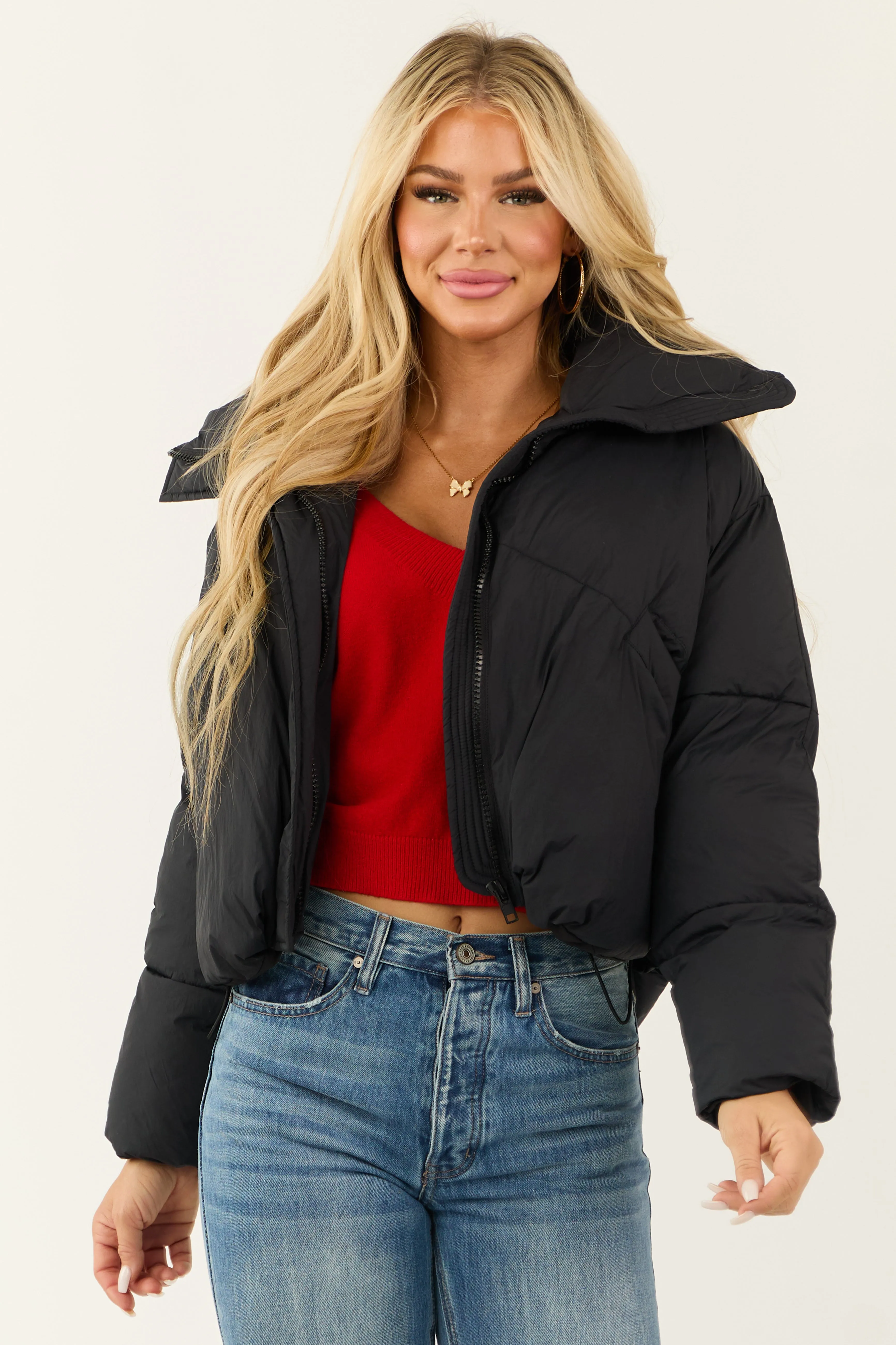 Black Mock Neck Puffer Sleeve Jacket sold by Lime Lush product image thumbnail 2