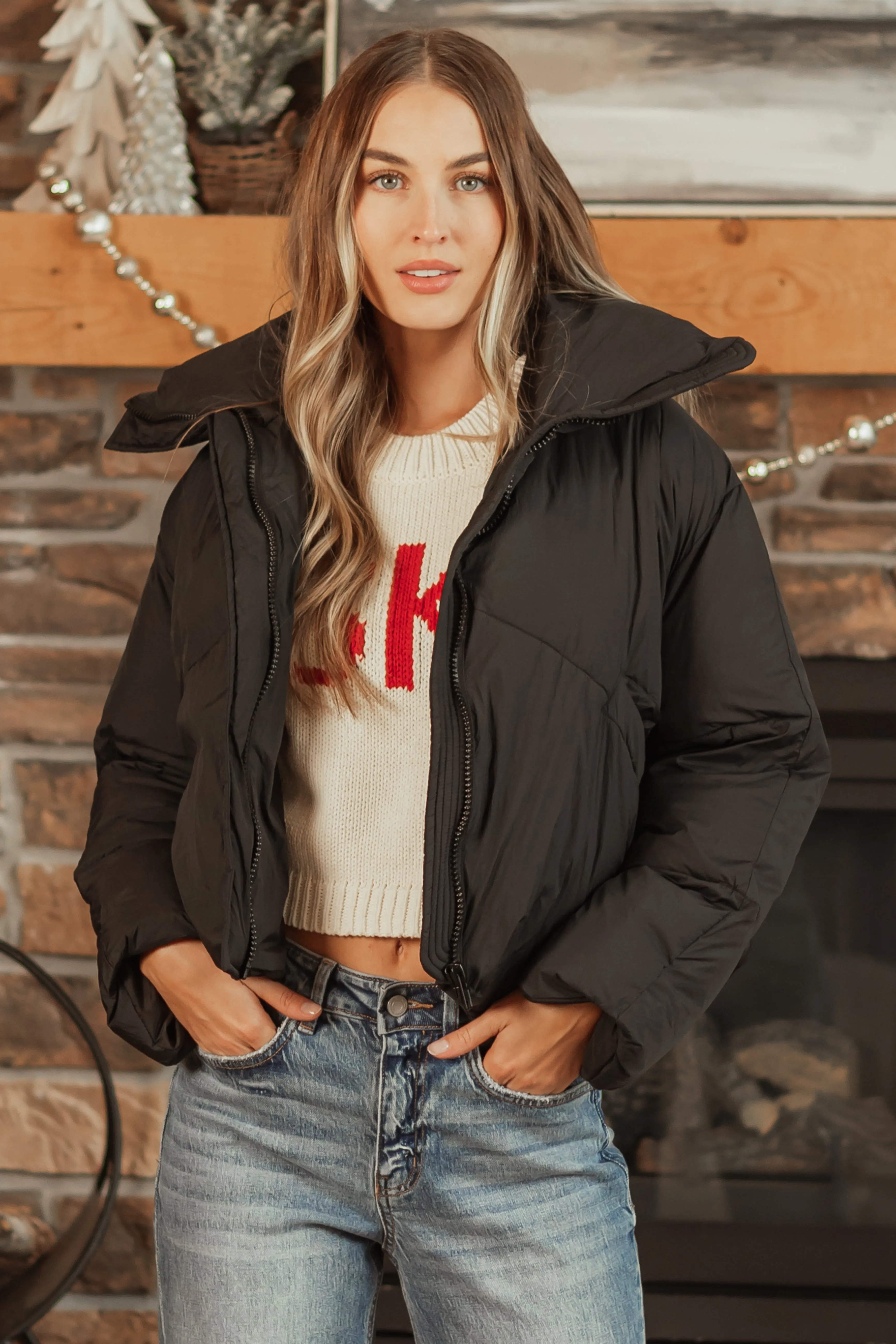 Black Mock Neck Puffer Sleeve Jacket sold by Lime Lush