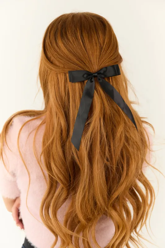 Shiny Black Satin Bow Ribbon Hair Clip sold by Lime Lush
