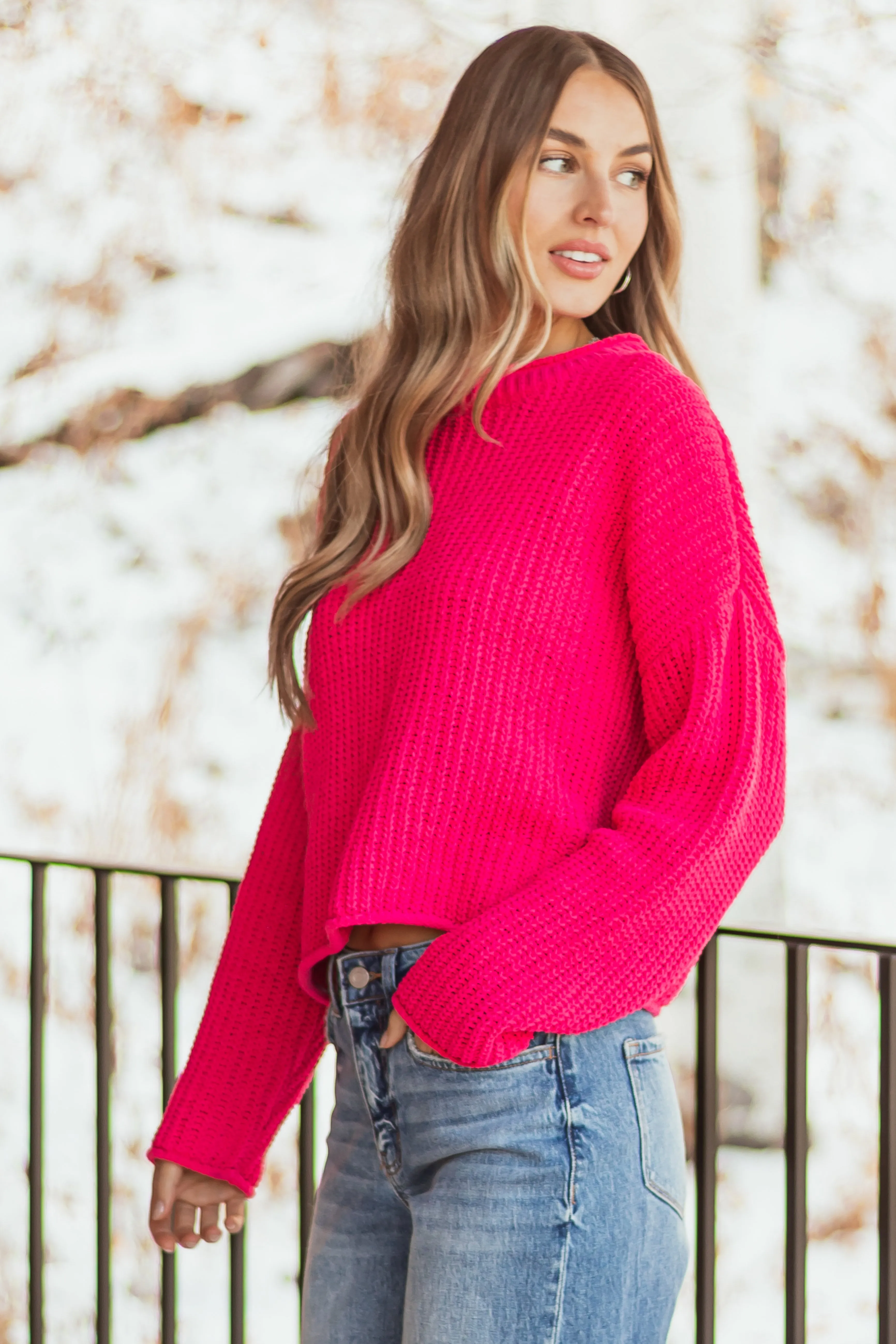 Hot Pink Chenille Rolled Trim Long Sleeve Sweater sold by Lime Lush product image thumbnail 4