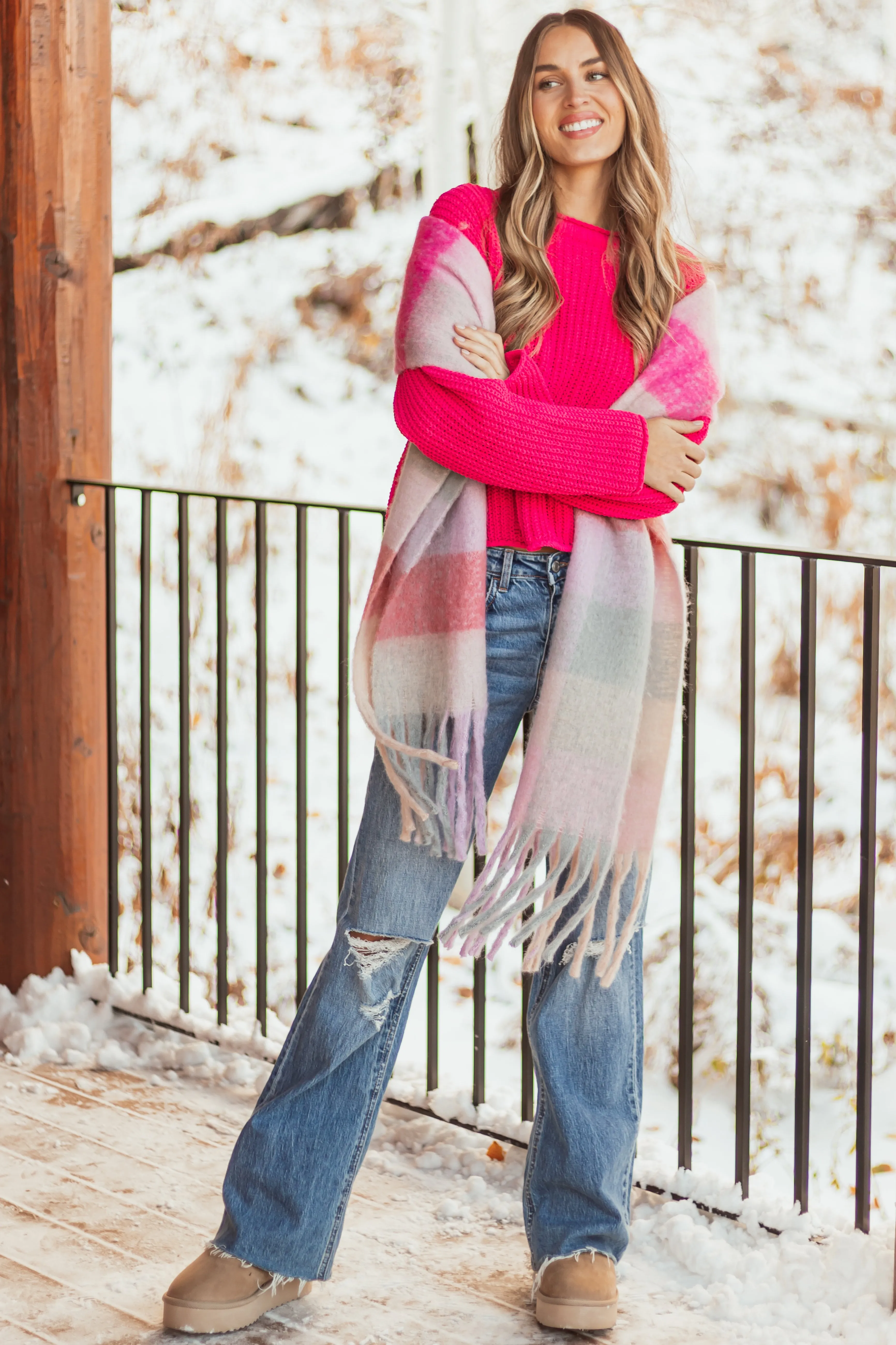 Hot Pink Chenille Rolled Trim Long Sleeve Sweater sold by Lime Lush product image thumbnail 3