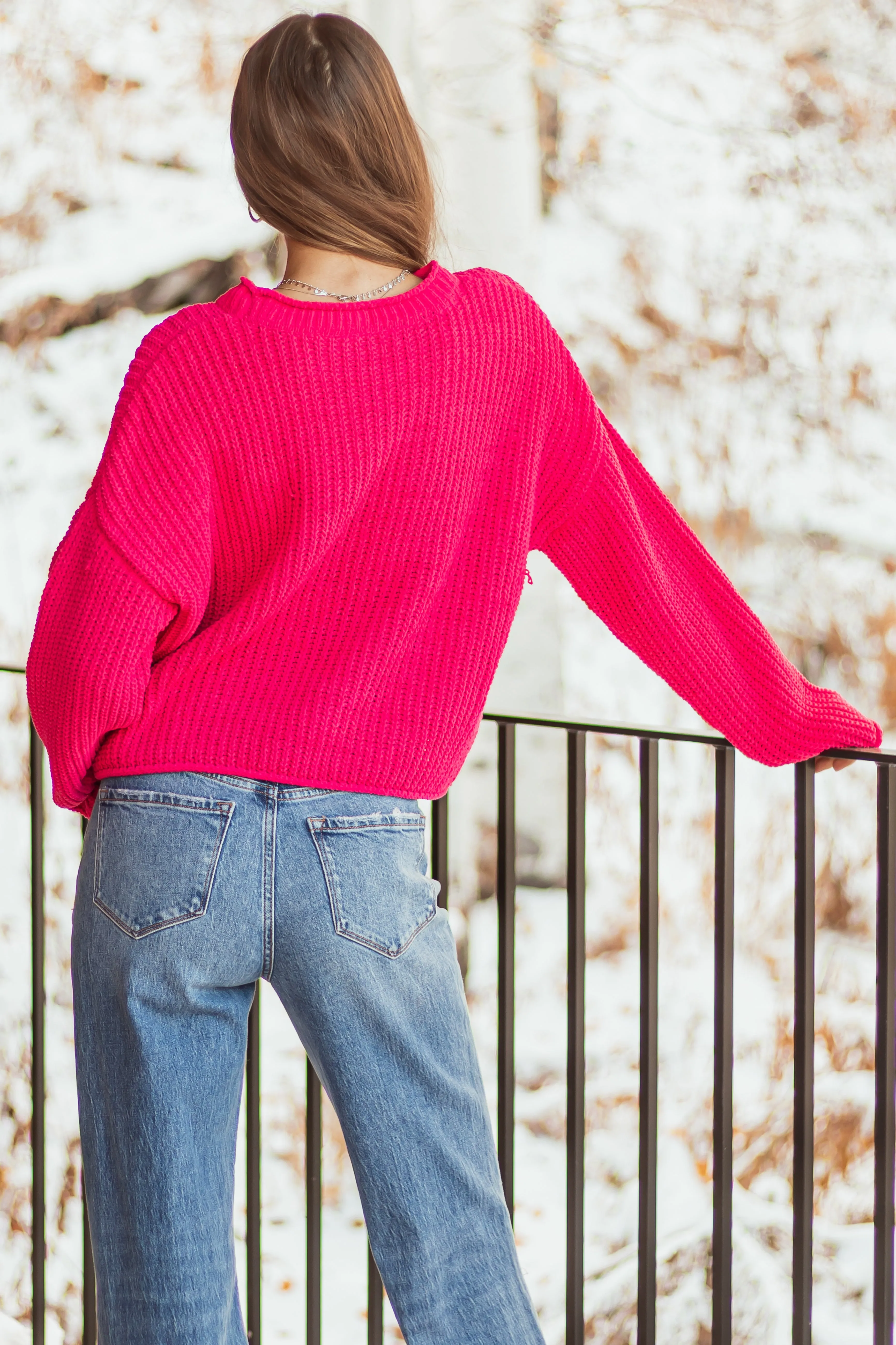 Hot Pink Chenille Rolled Trim Long Sleeve Sweater sold by Lime Lush product image thumbnail 5