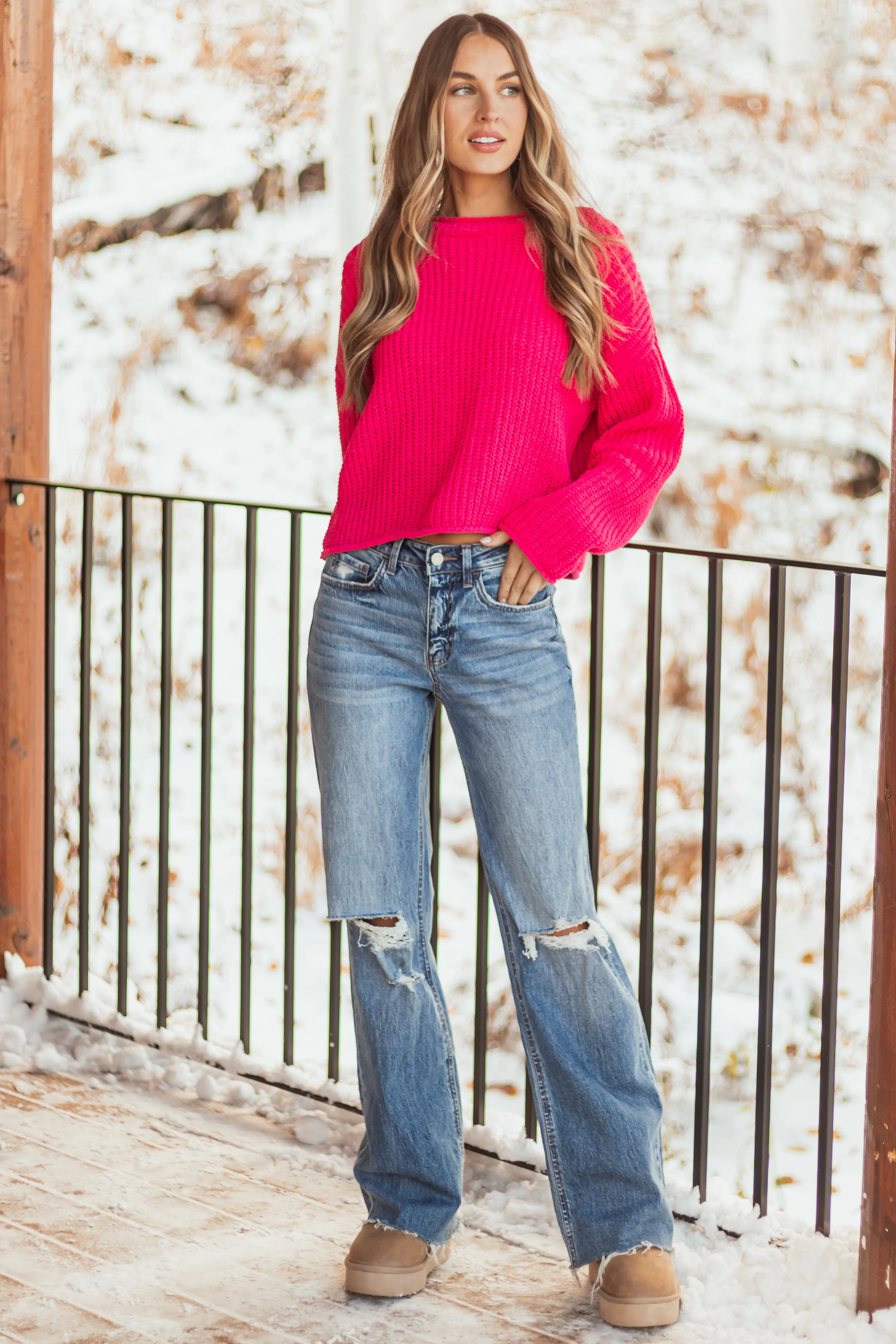 Hot Pink Chenille Rolled Trim Long Sleeve Sweater sold by Lime Lush product image thumbnail 2