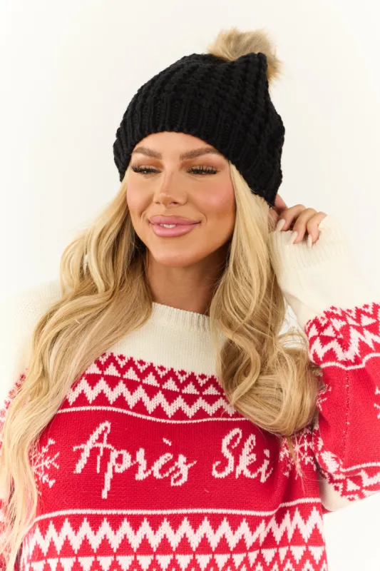 Black Faux Fur Pom Pom Textured Knit Beanie sold by Lime Lush