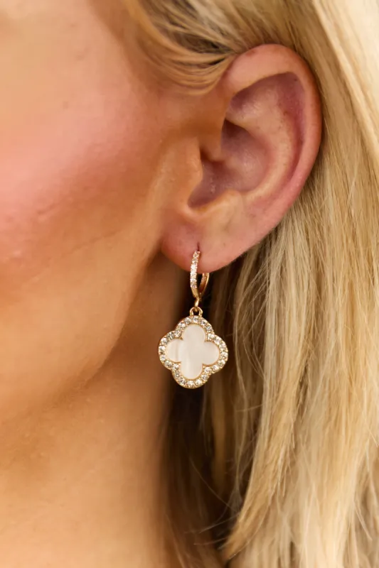 Gold Rhinestone Outline Huggie Clover Charm Earrings made by Lime Lush