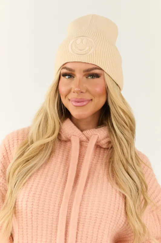 Cream Smiley Face Embroidered Beanie sold by Lime Lush