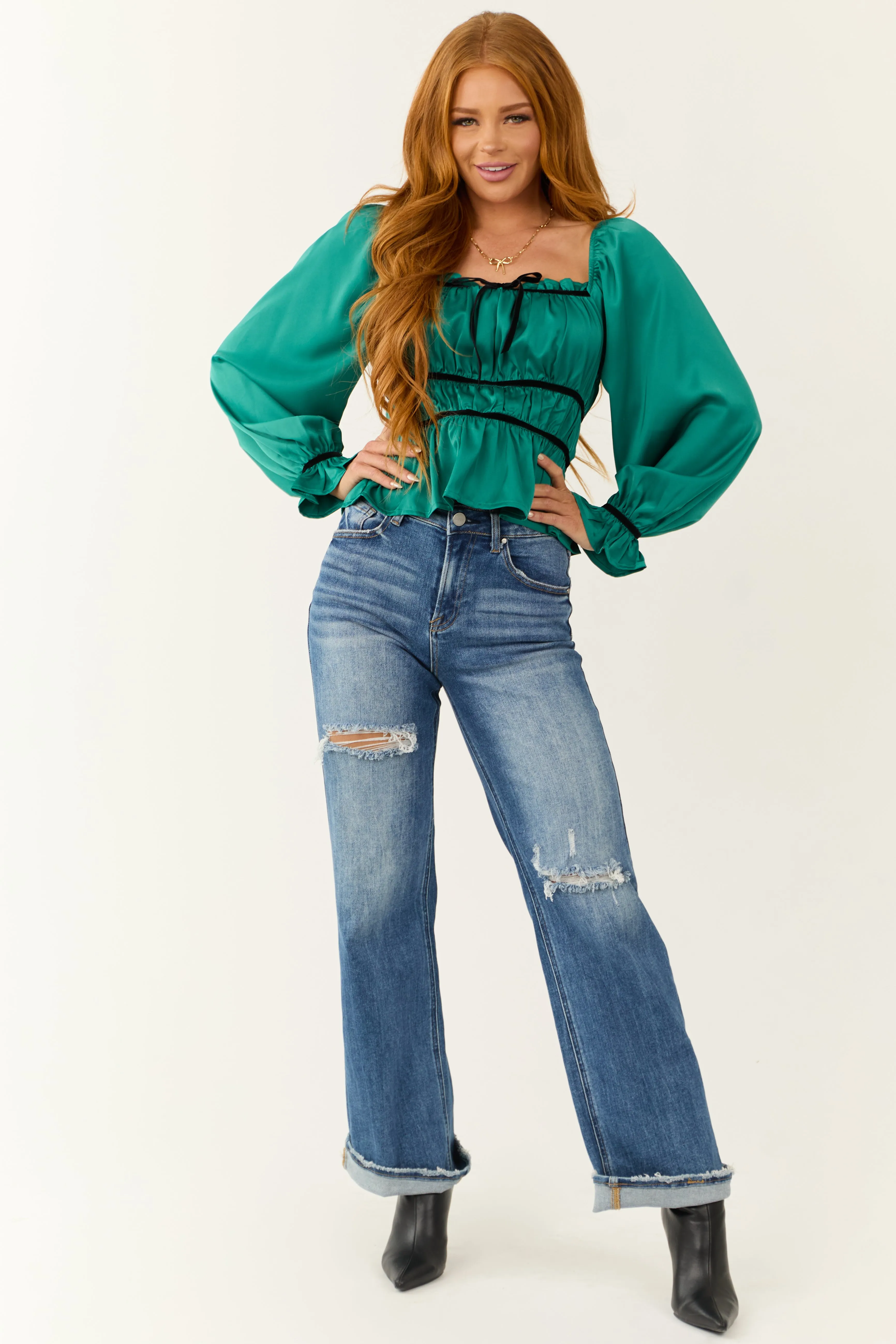 Pine Ruched Peplum Long Sleeve Satin Top sold by Lime Lush product image thumbnail 2