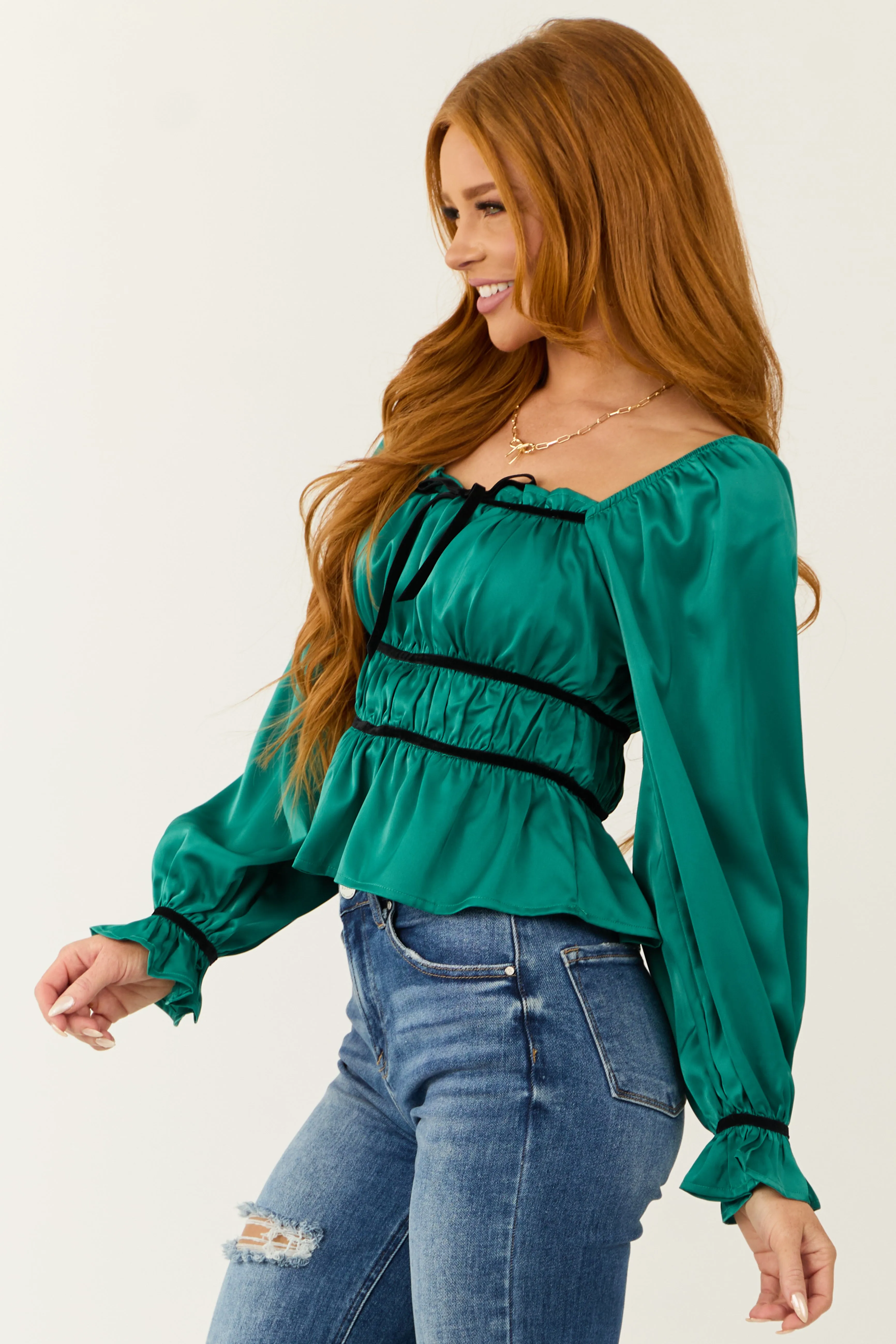 Pine Ruched Peplum Long Sleeve Satin Top sold by Lime Lush product image thumbnail 4