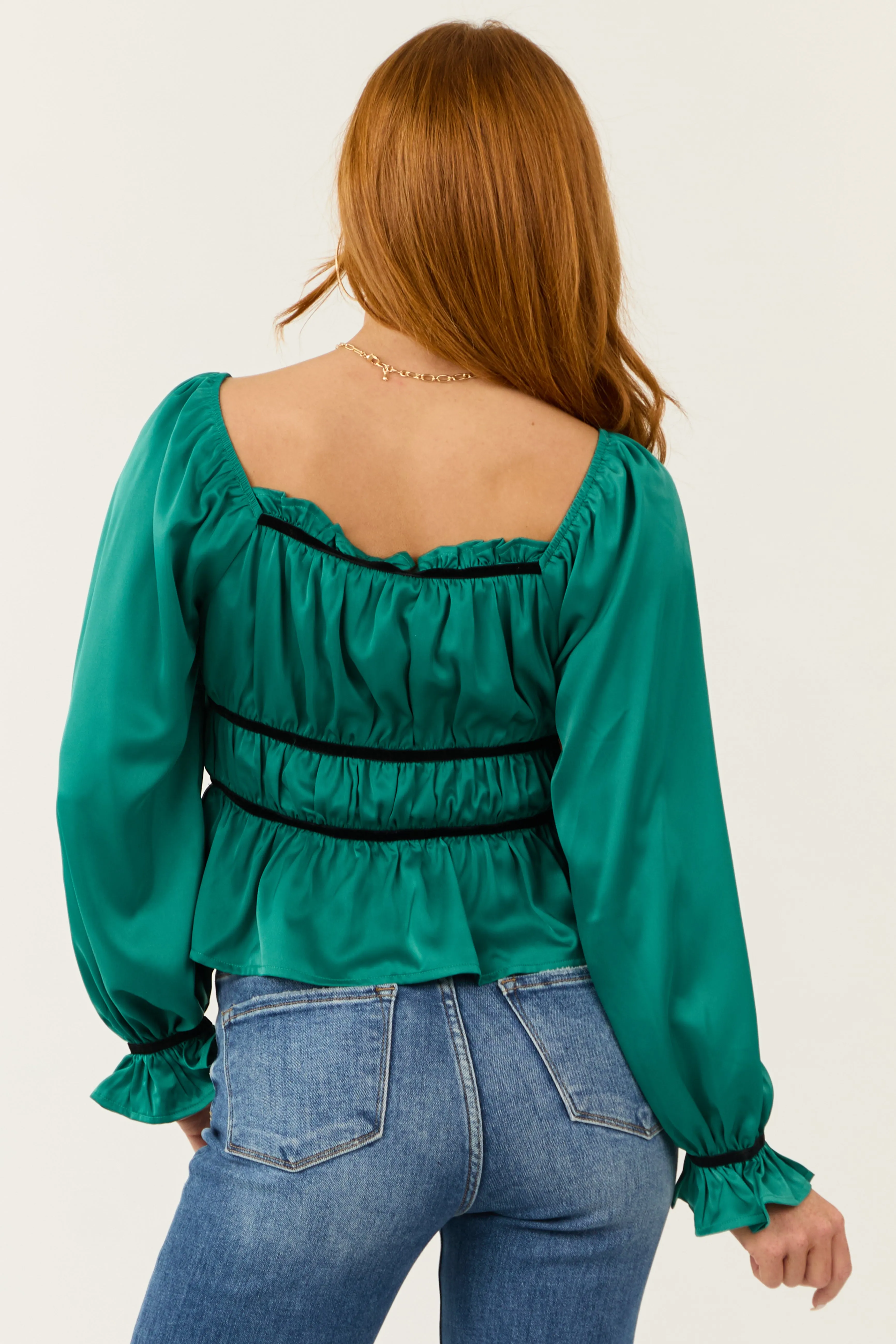 Pine Ruched Peplum Long Sleeve Satin Top sold by Lime Lush product image thumbnail 5
