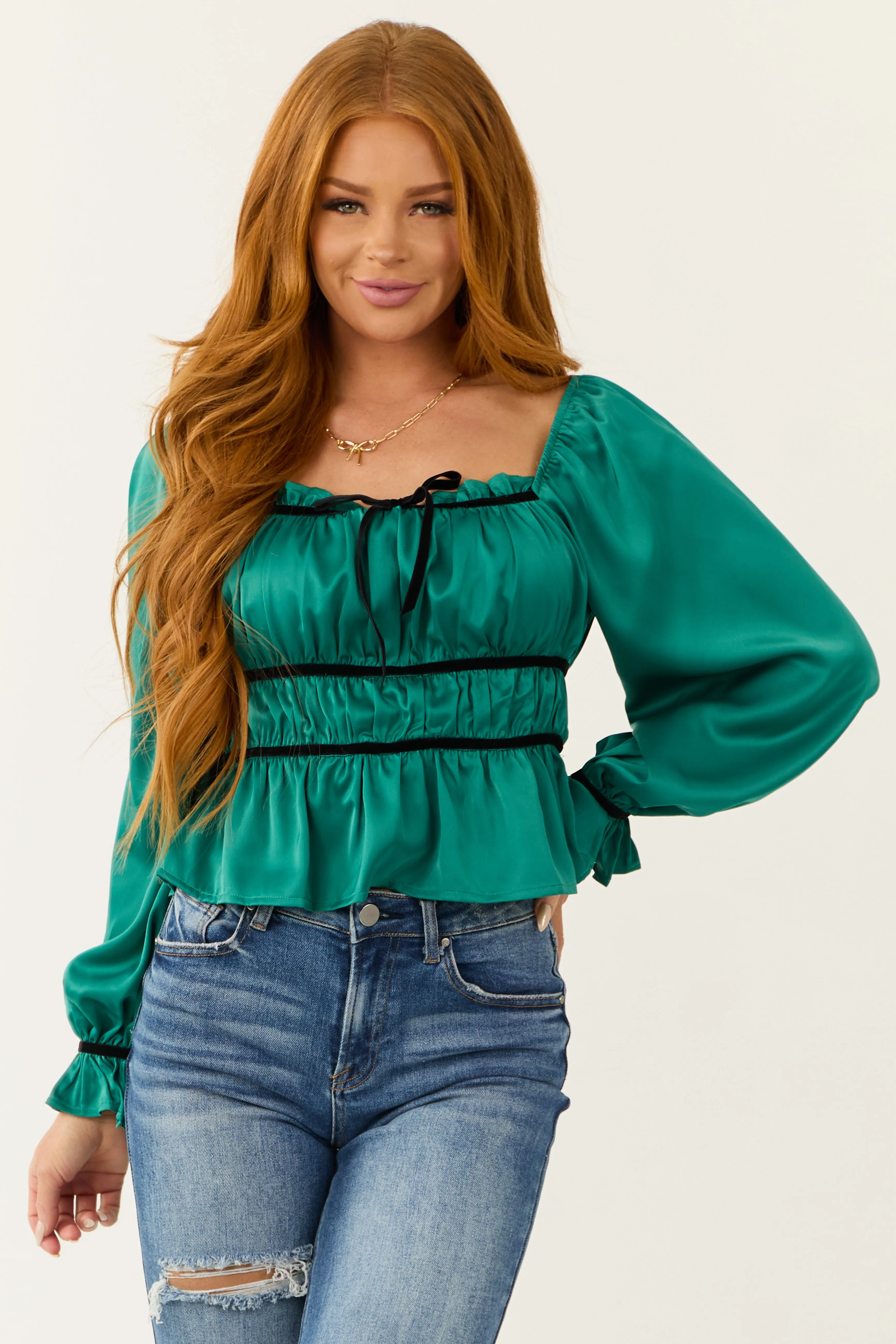 Pine Ruched Peplum Long Sleeve Satin Top sold by Lime Lush