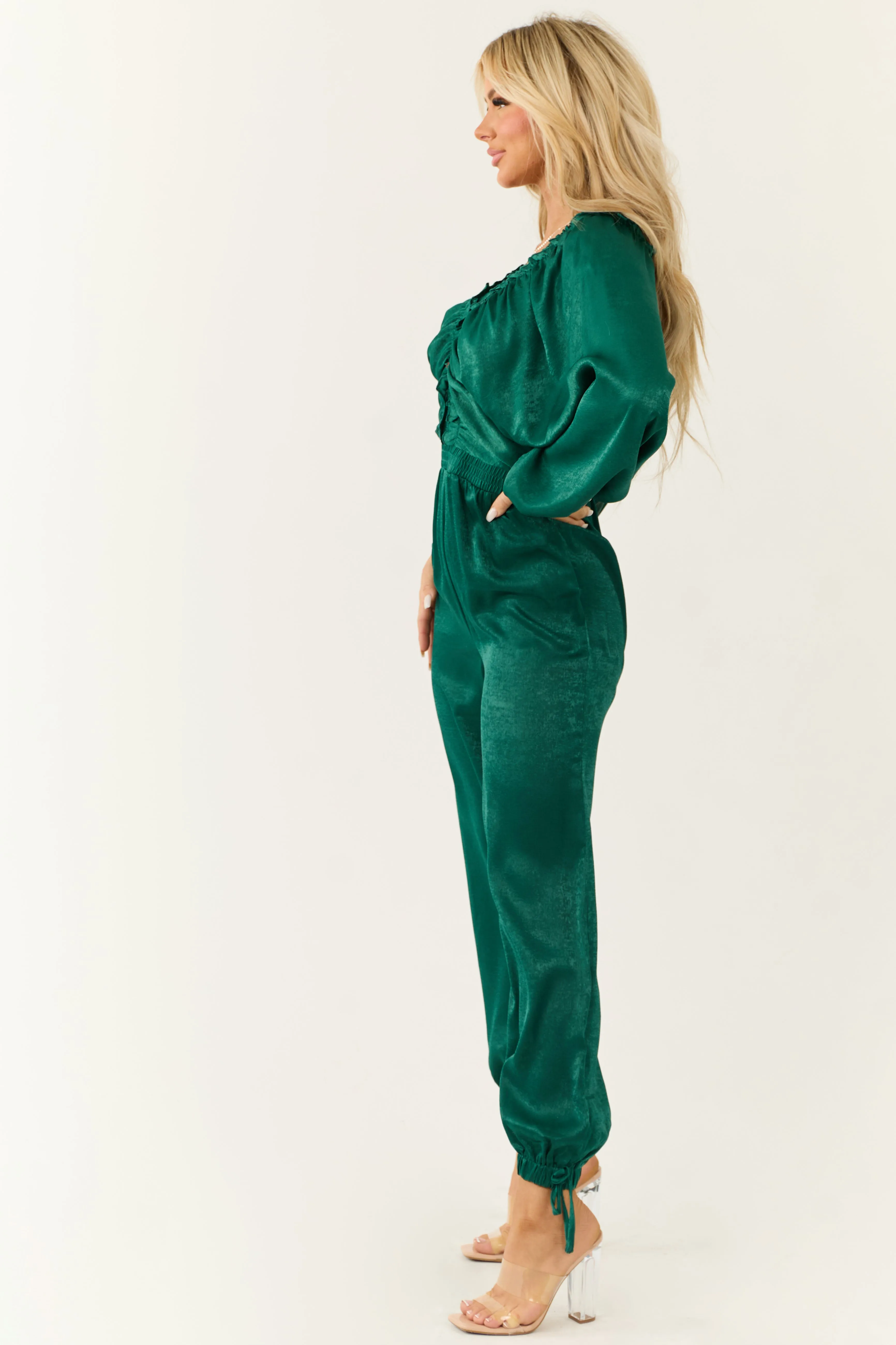 Emerald Textured Satin Deep V Neck Jumpsuit sold by Lime Lush product image thumbnail 4