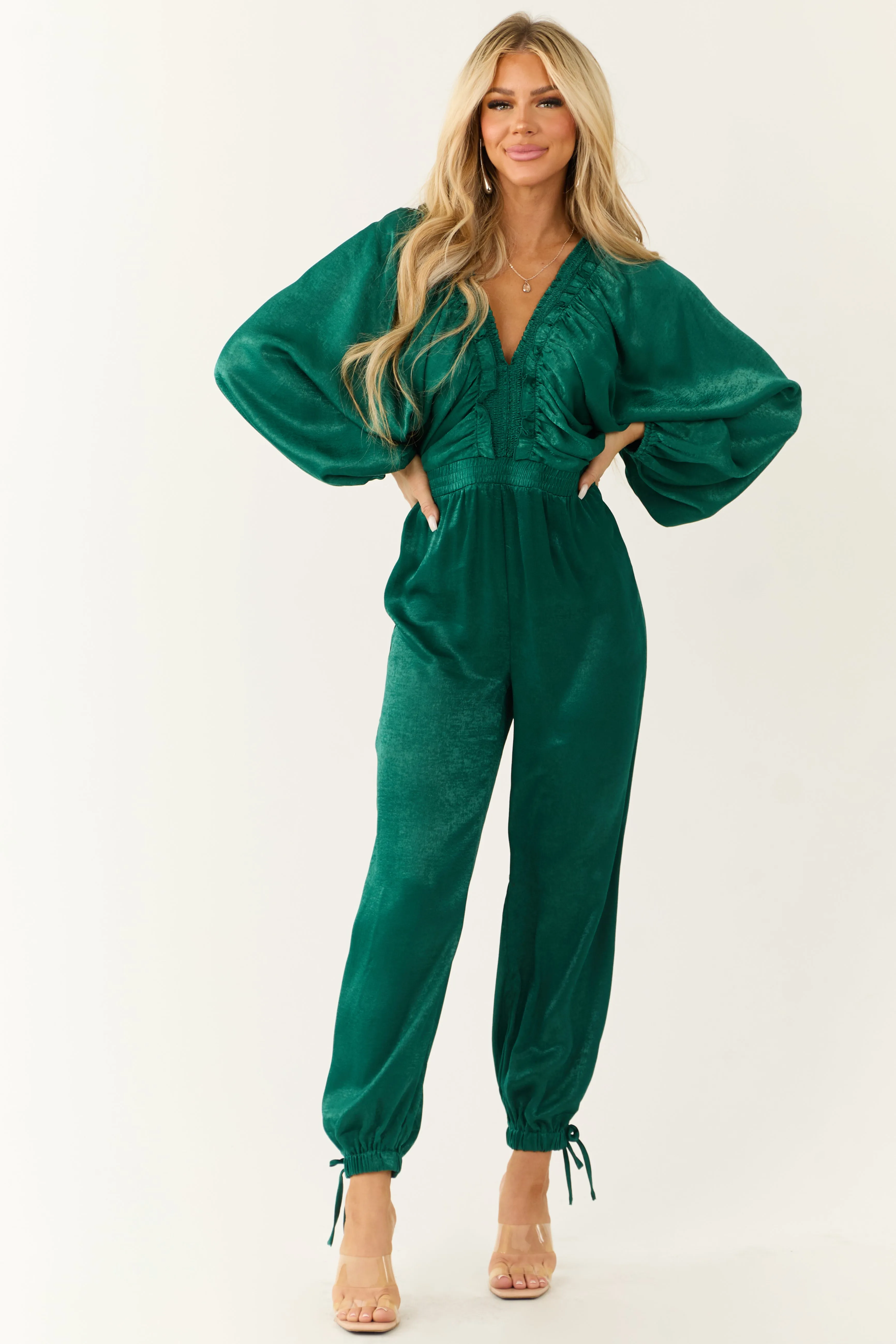 Emerald Textured Satin Deep V Neck Jumpsuit sold by Lime Lush