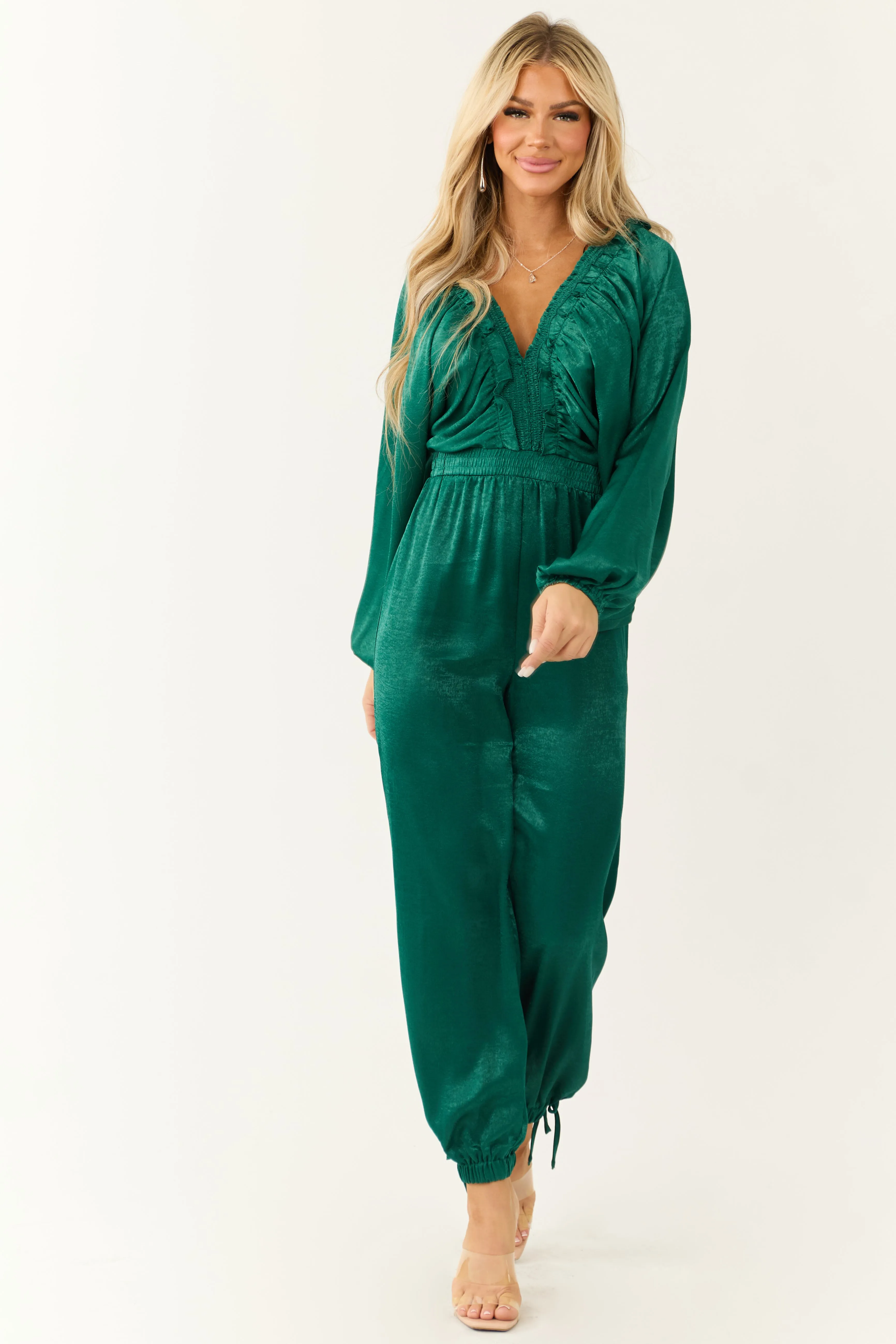Emerald Textured Satin Deep V Neck Jumpsuit sold by Lime Lush product image thumbnail 2