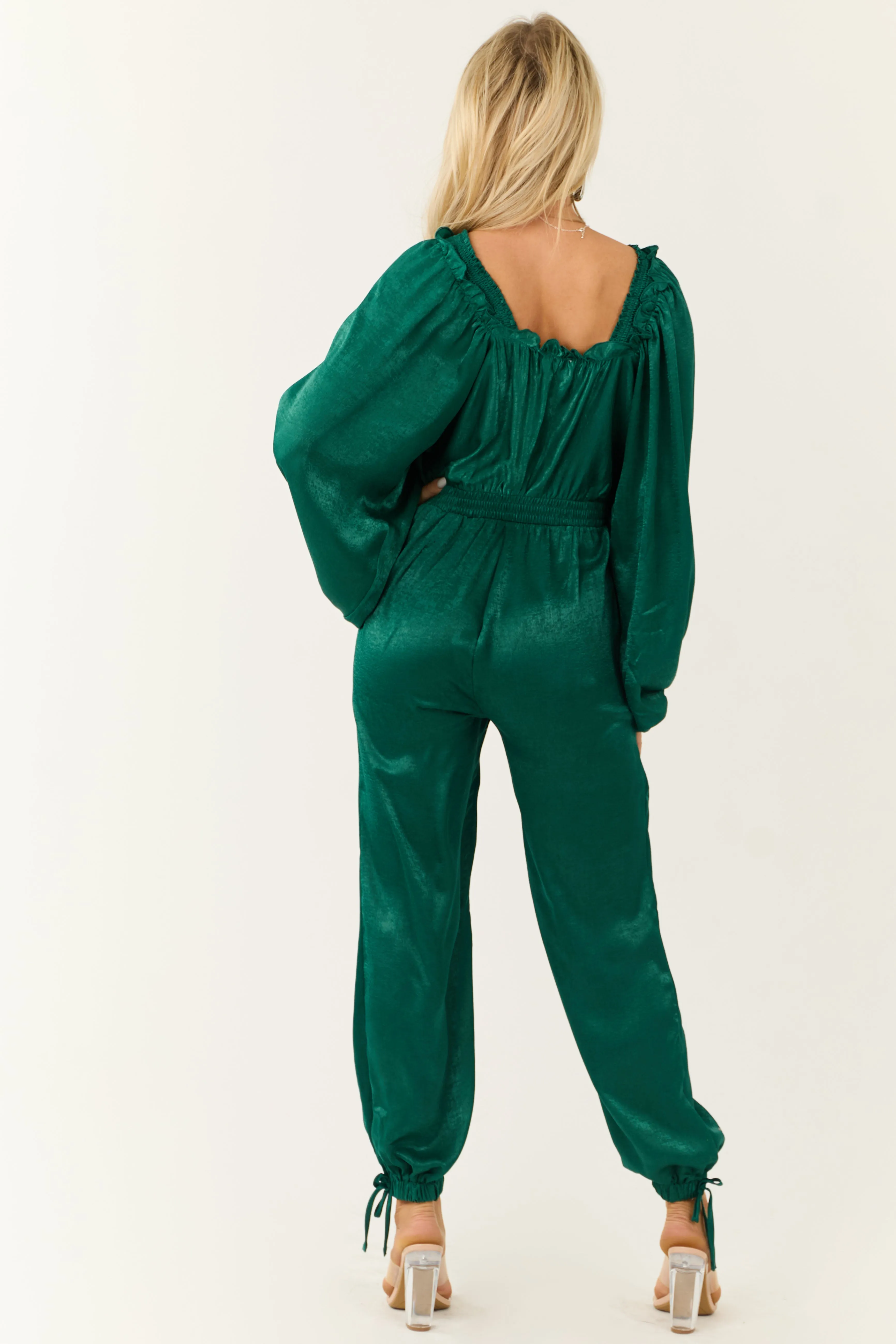 Emerald Textured Satin Deep V Neck Jumpsuit sold by Lime Lush product image thumbnail 5