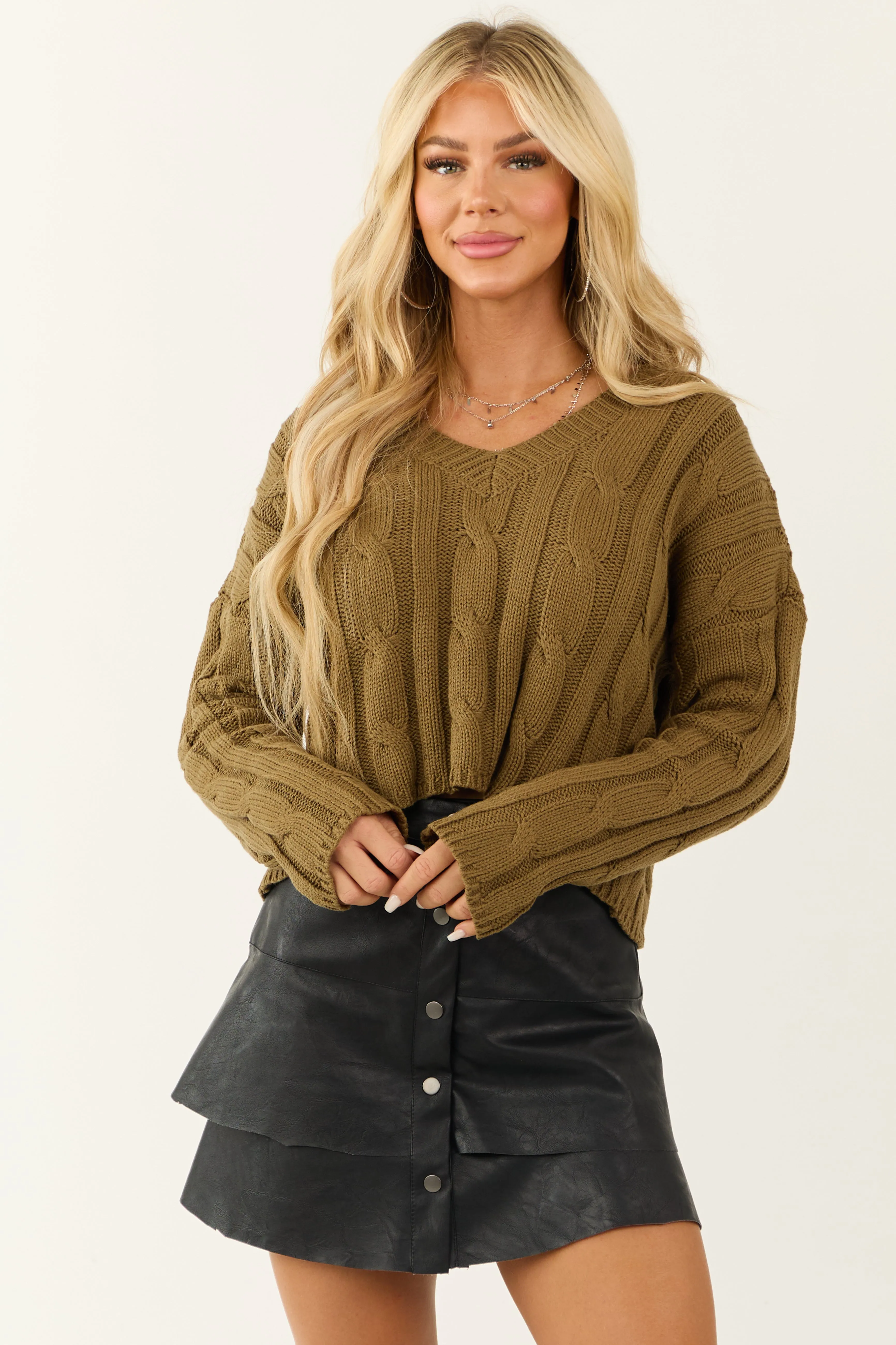 Olive Cable Knit V Neckline Cropped Sweater sold by Lime Lush