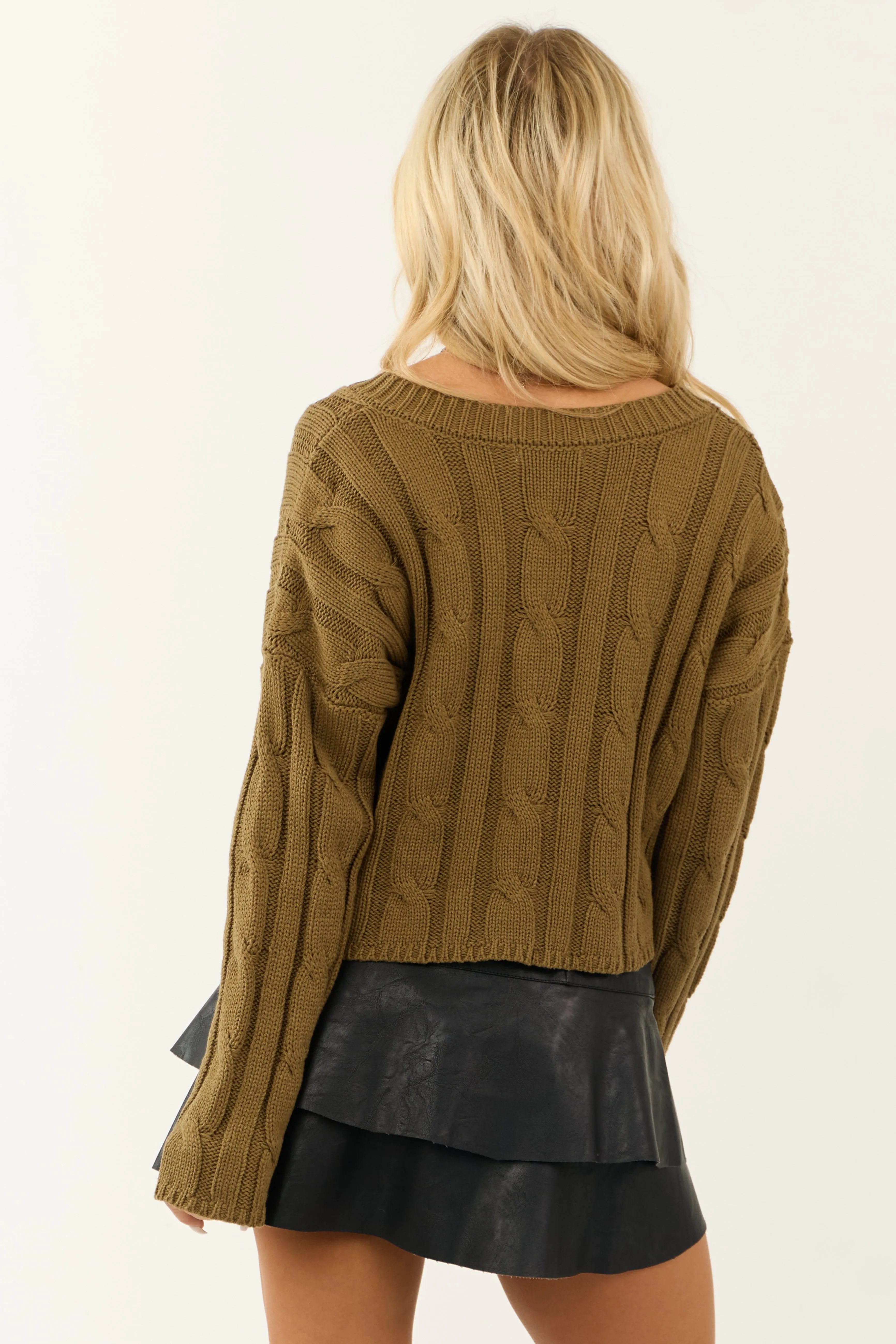 Olive Cable Knit V Neckline Cropped Sweater sold by Lime Lush product image thumbnail 5