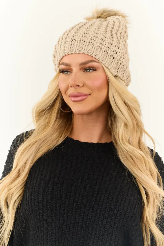 Oatmeal Faux Fur Pom Pom Textured Knit Beanie sold by Lime Lush