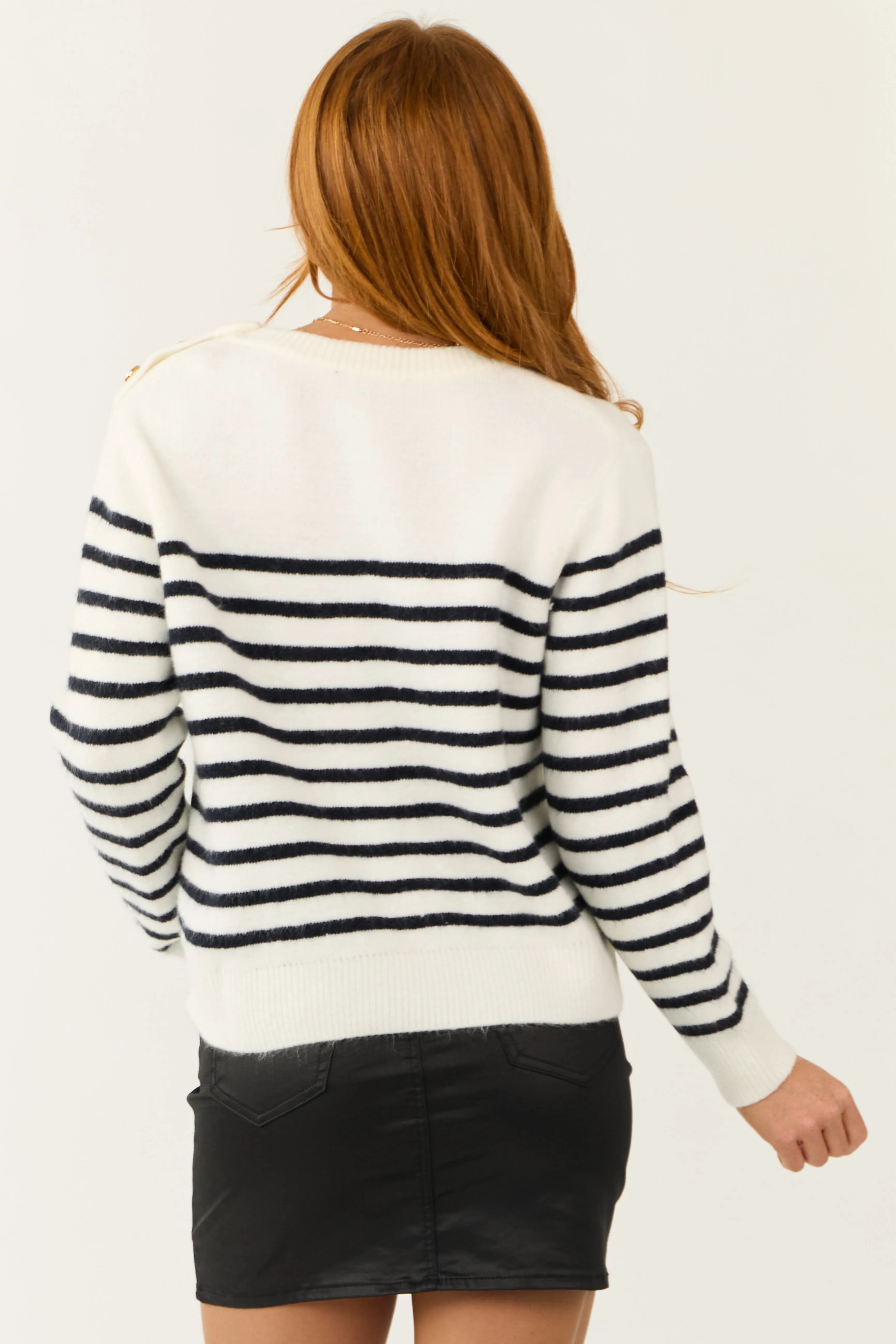 Ivory and Black Button Shoulder Striped Sweater sold by Lime Lush product image thumbnail 5