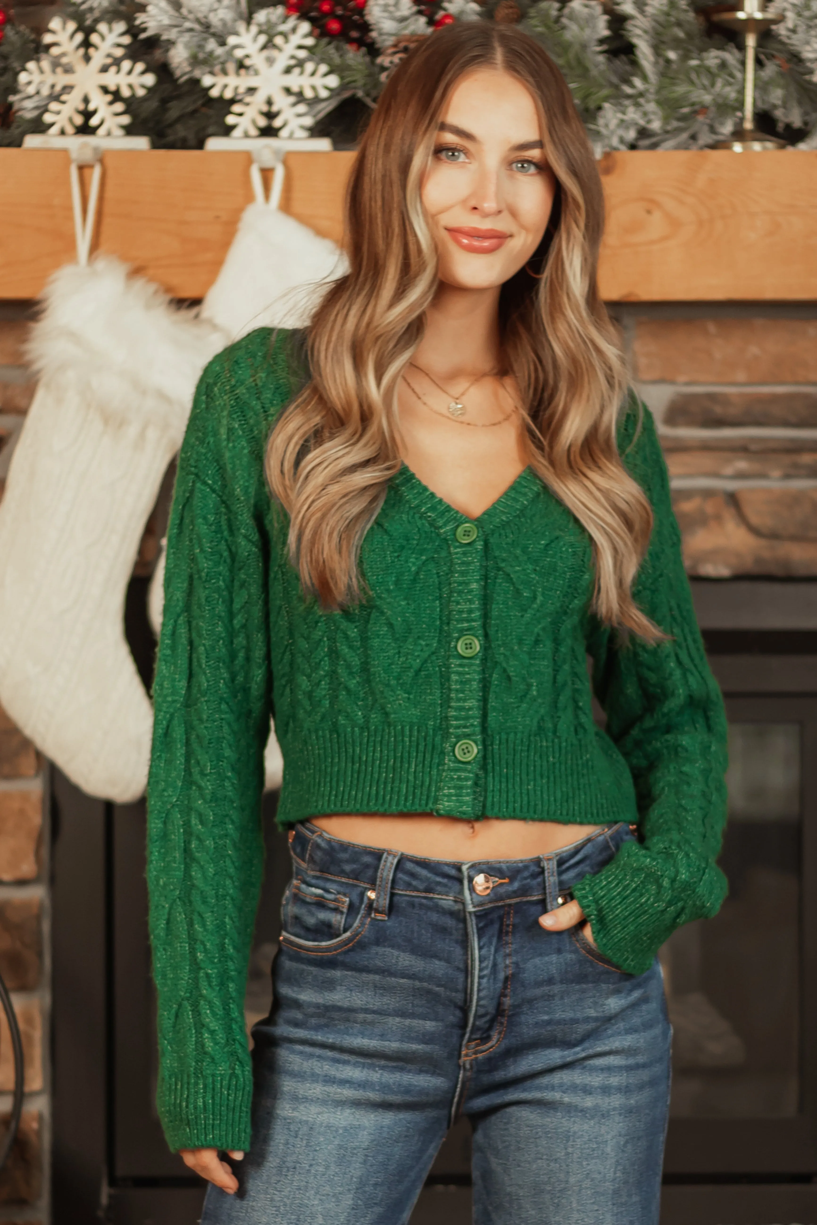 Hunter Green Button Down Cropped Cardigan sold by Lime Lush