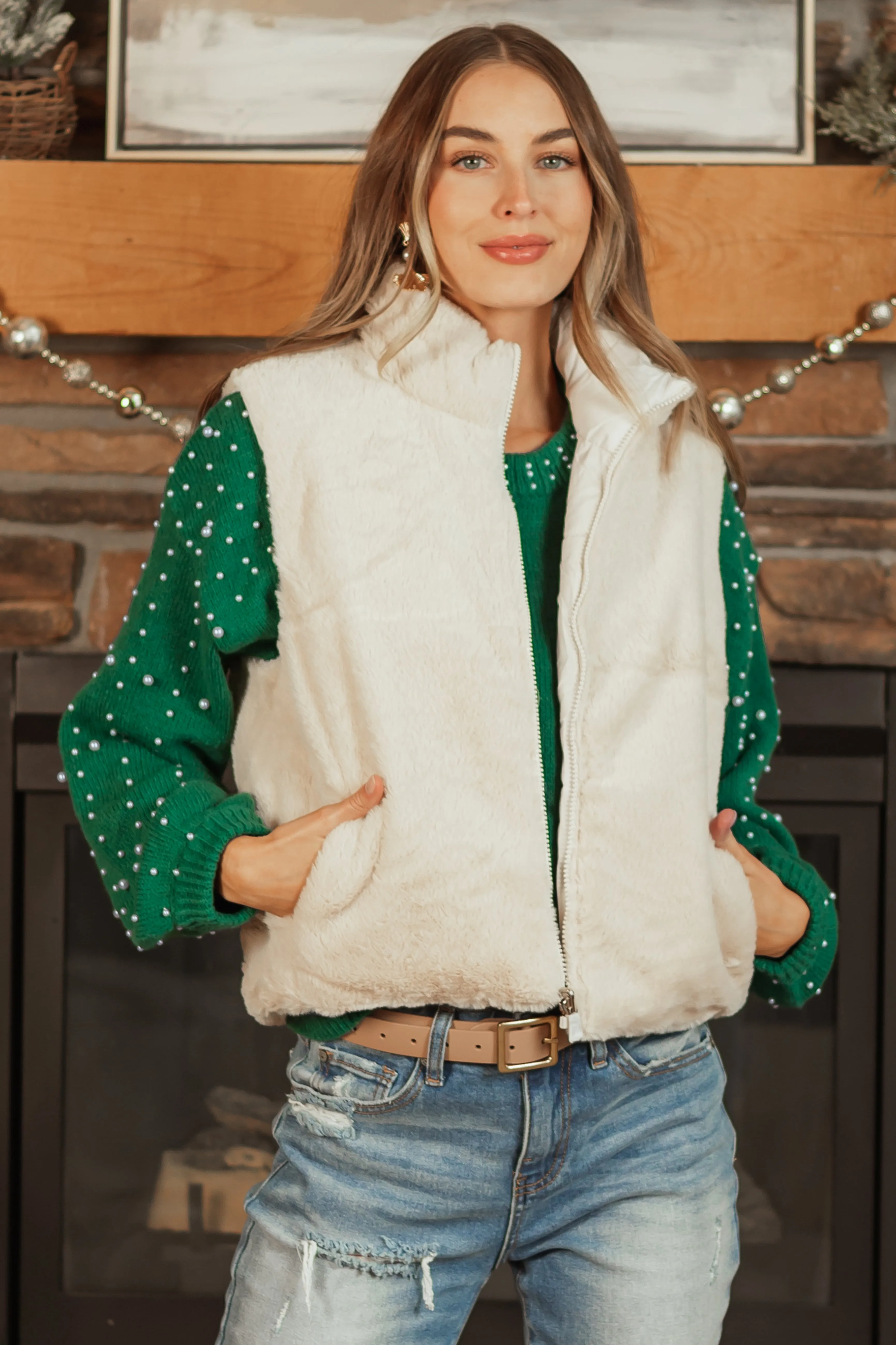 Champagne Reversible Faux Fur Quilted Zip Up Vest sold by Lime Lush