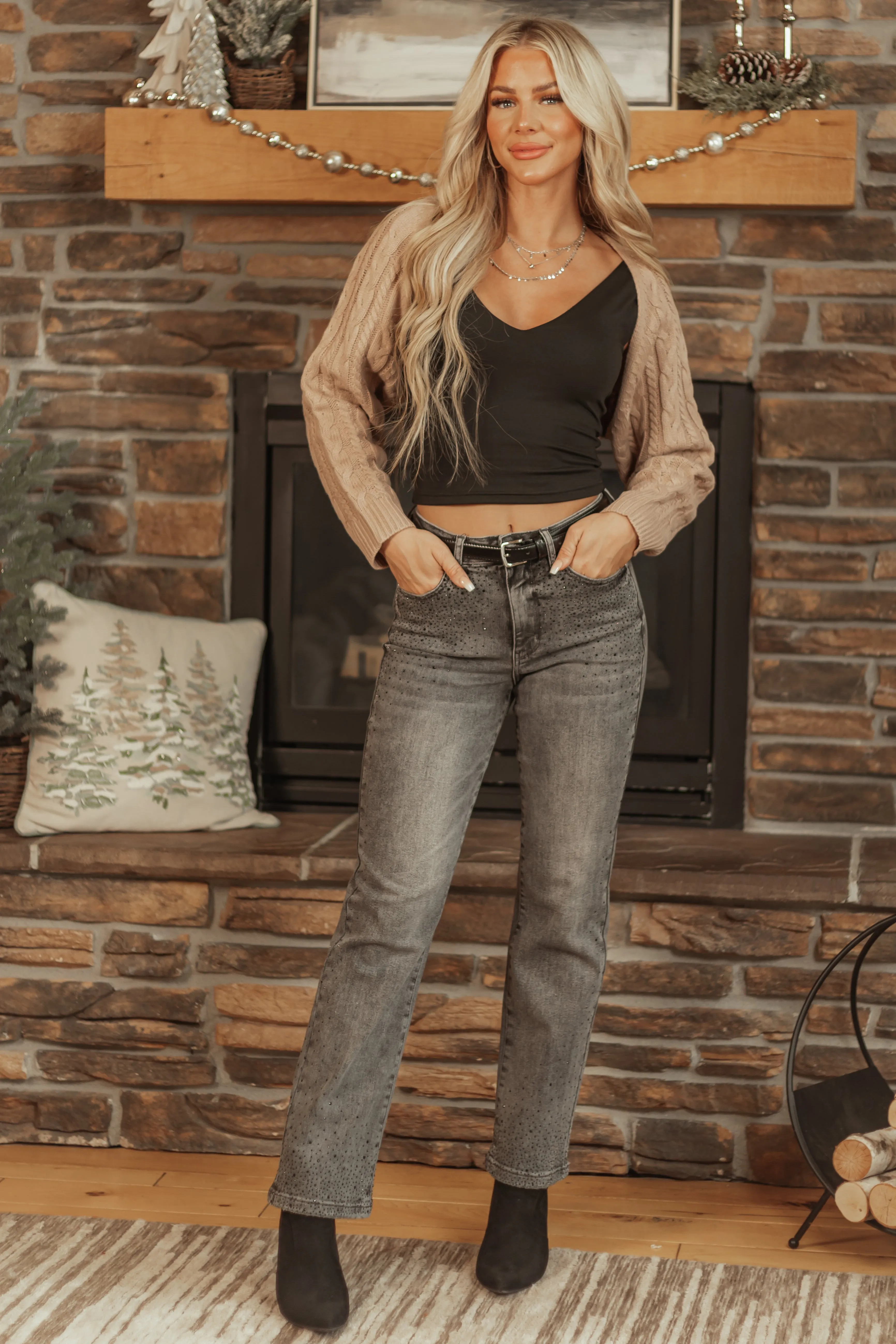 Camel Open Front Cable Knit Shrug Cardigan sold by Lime Lush product image thumbnail 2