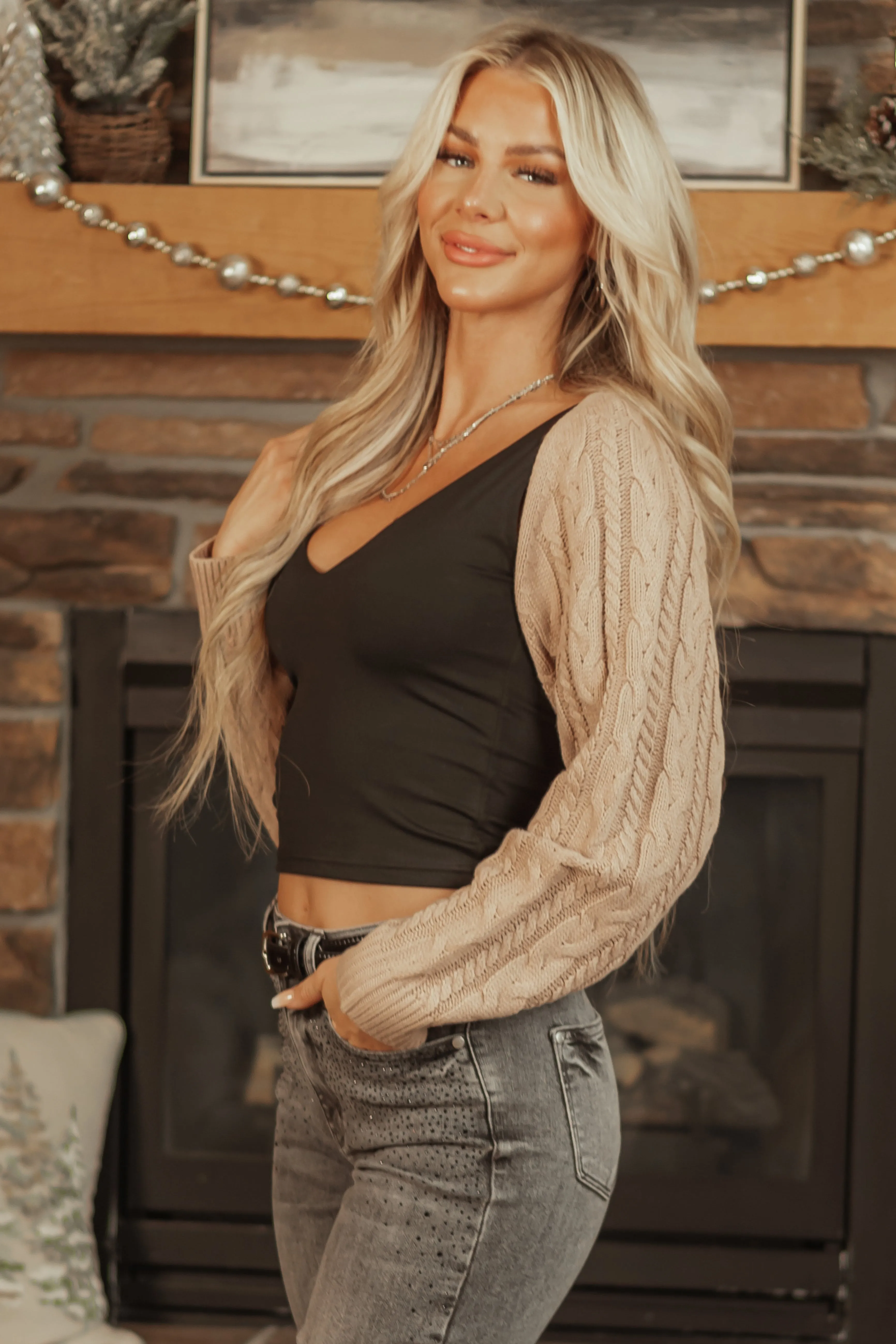 Camel Open Front Cable Knit Shrug Cardigan sold by Lime Lush product image thumbnail 4