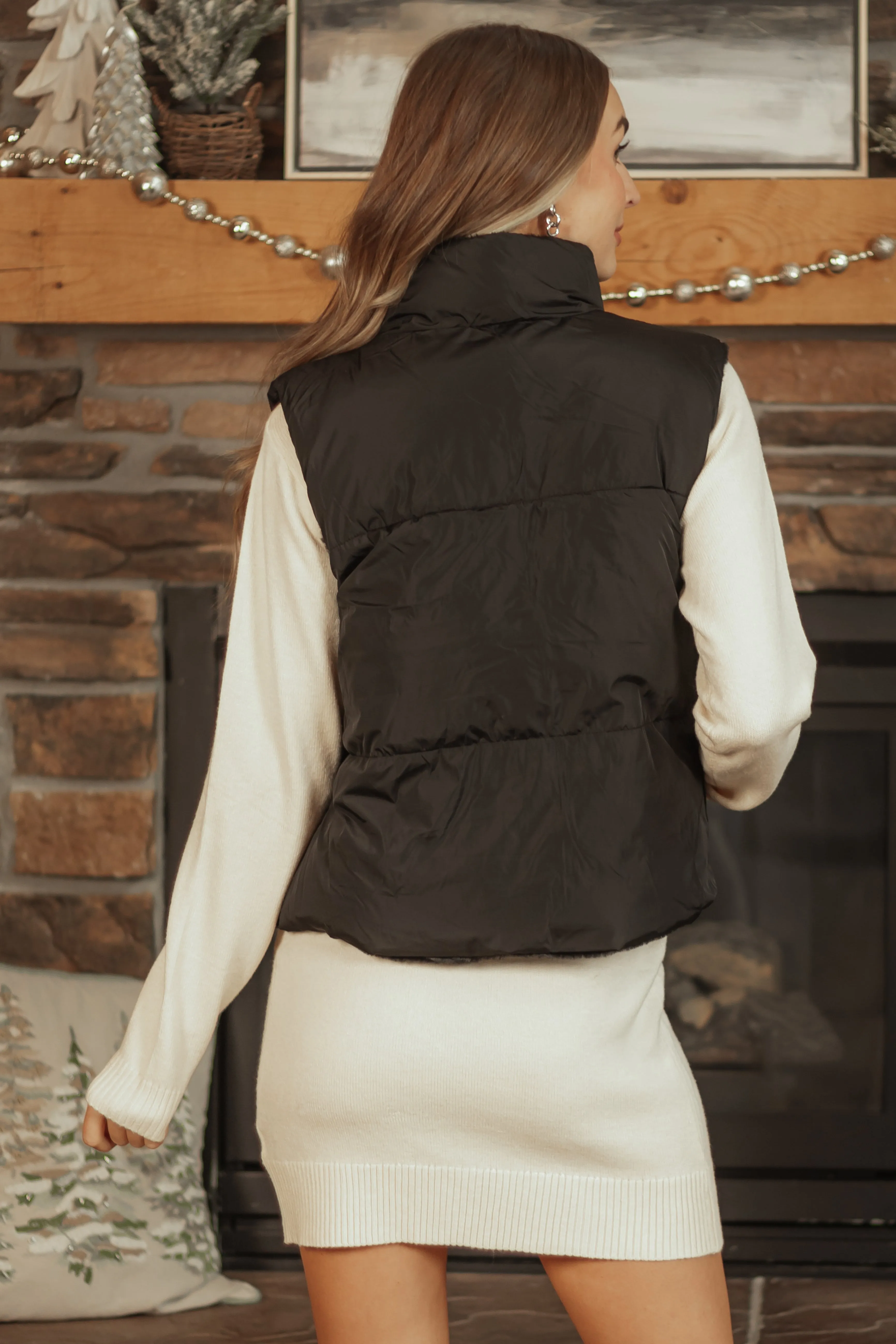 Black Reversible Faux Fur Quilted Zip Up Vest sold by Lime Lush product image thumbnail 5