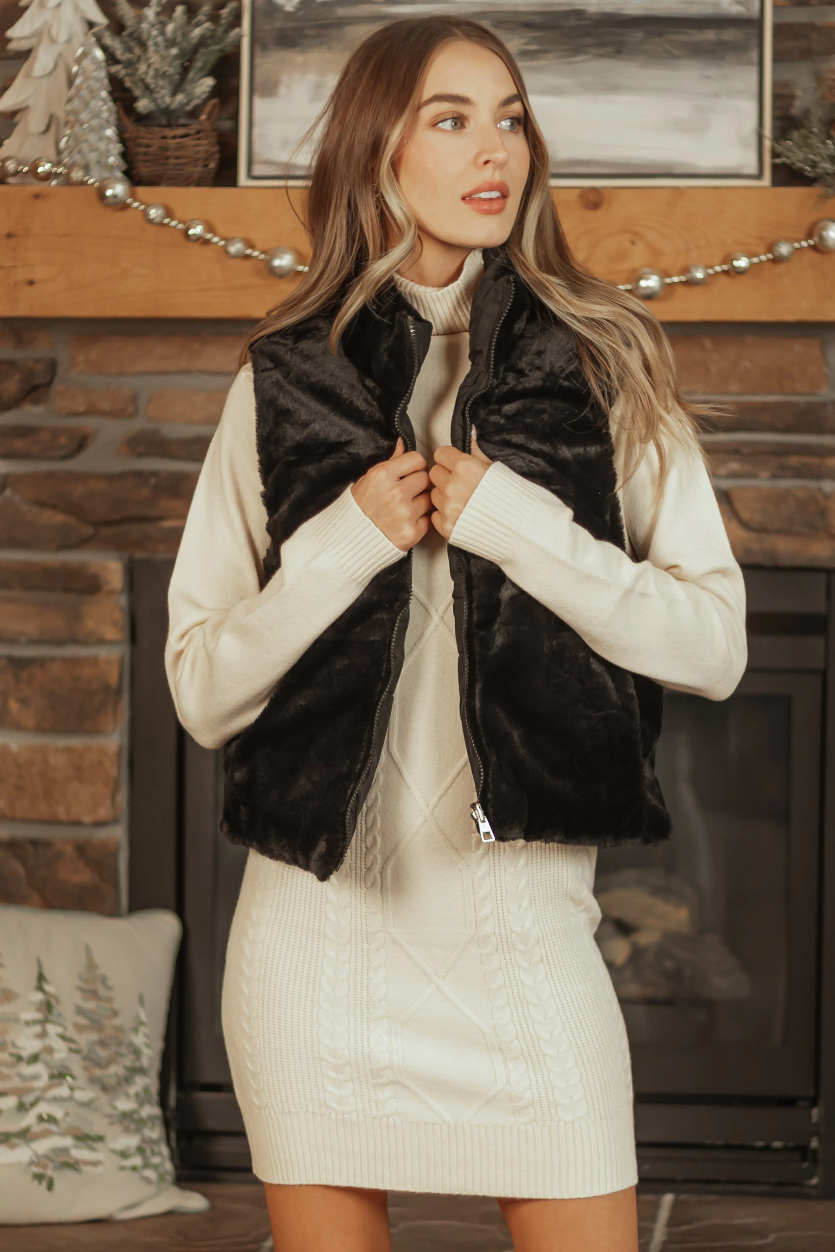 Black Reversible Faux Fur Quilted Zip Up Vest sold by Lime Lush