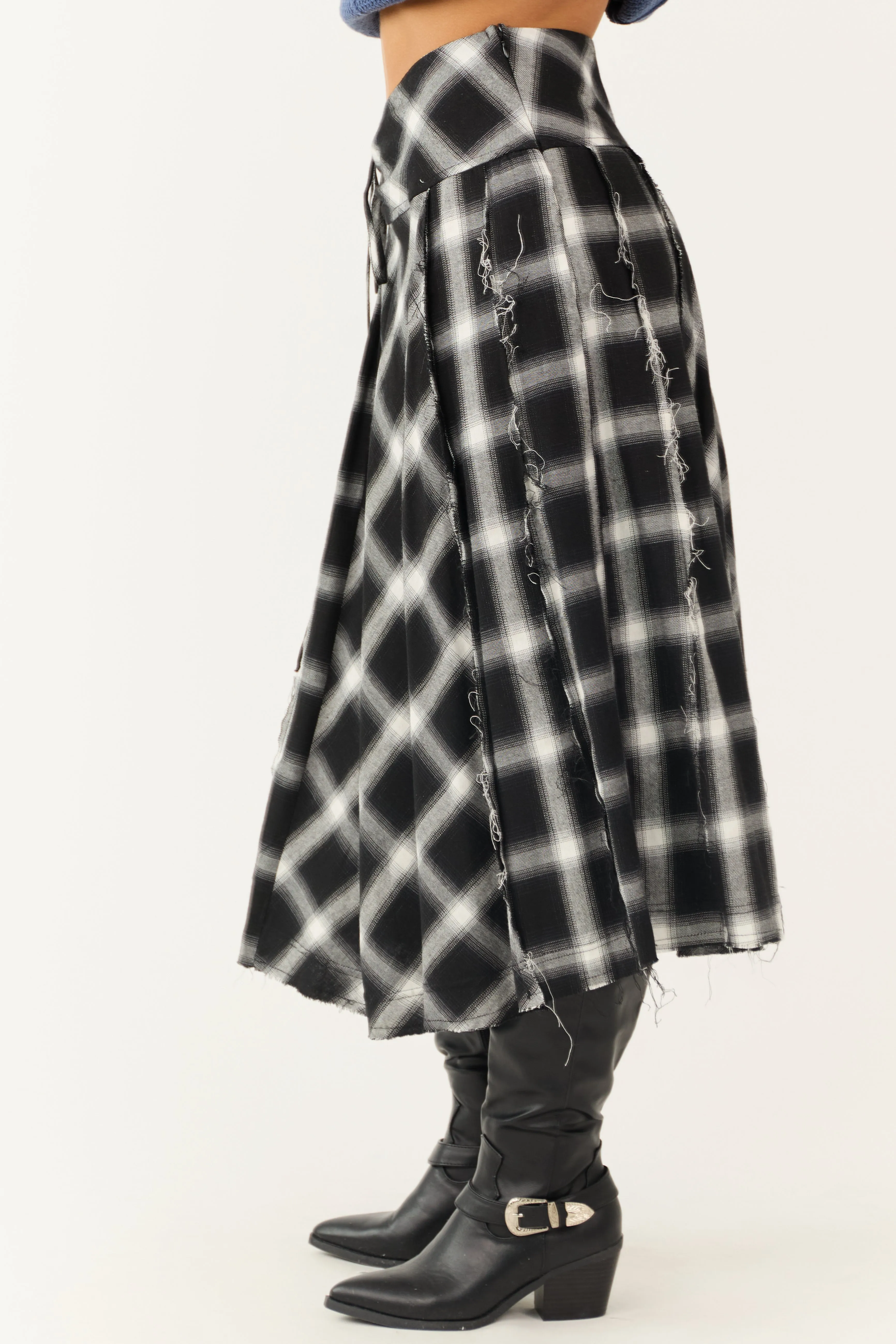 Black and Ivory Plaid Raw Hem Midi Skirt sold by Lime Lush product image thumbnail 3