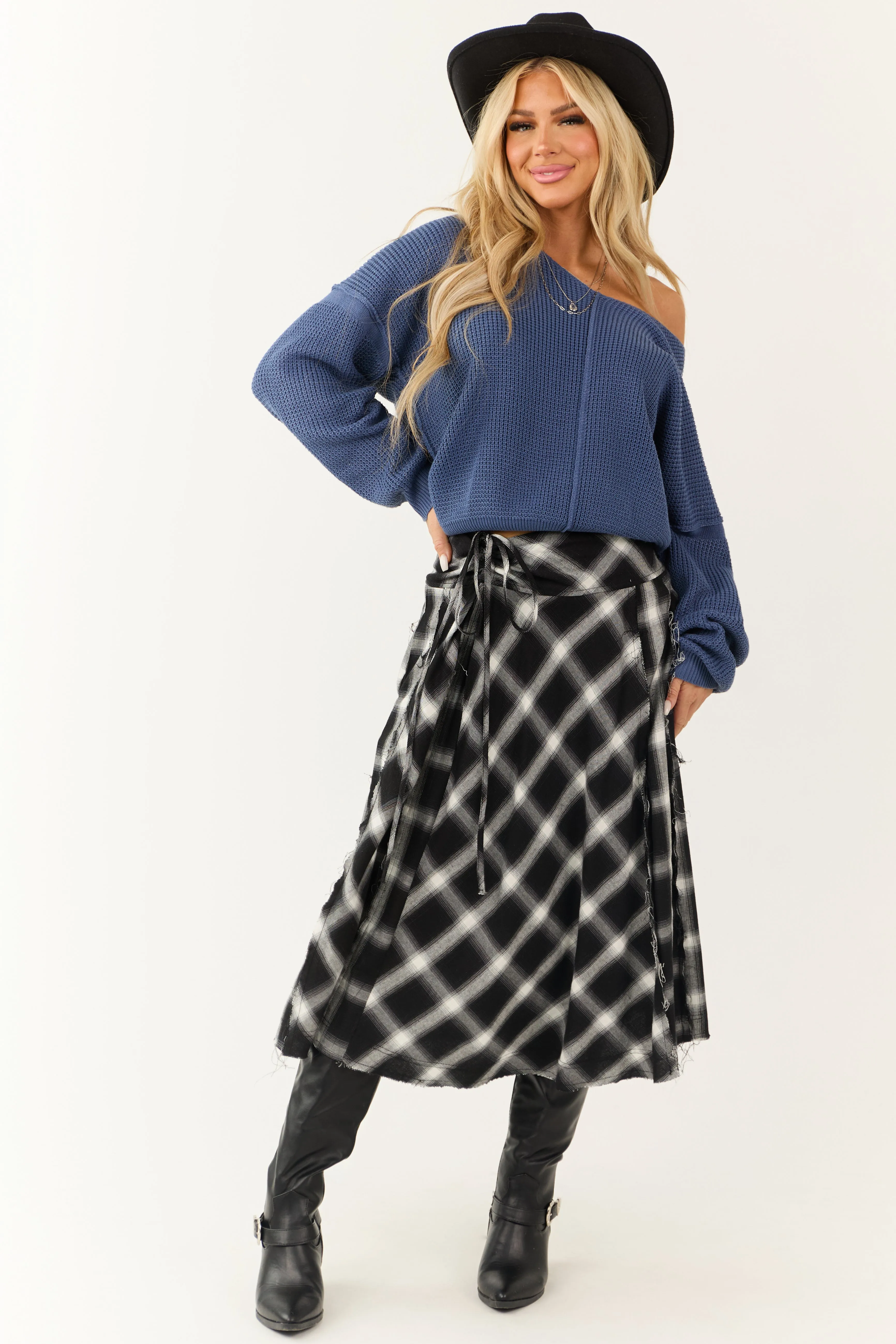 Black and Ivory Plaid Raw Hem Midi Skirt sold by Lime Lush