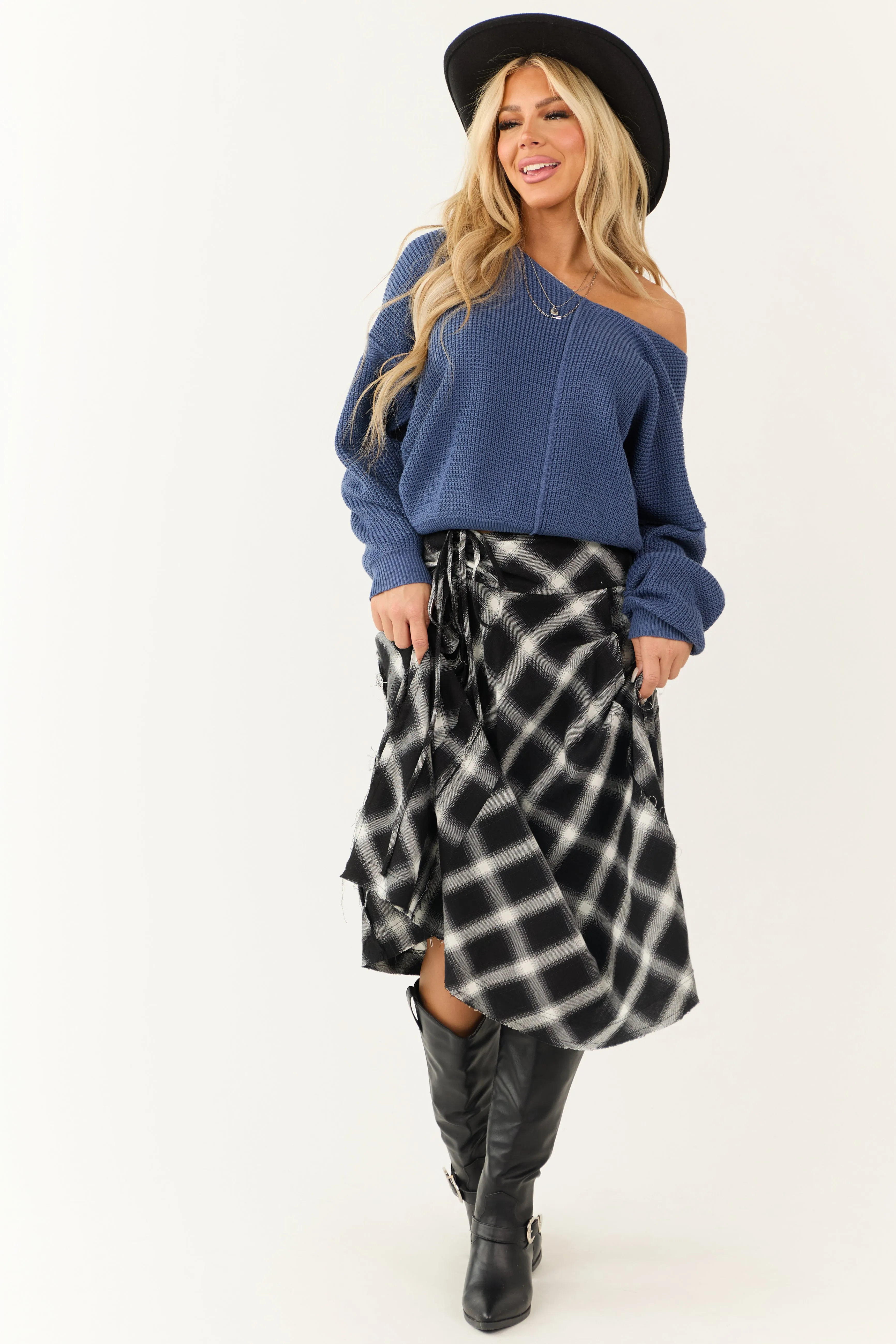 Black and Ivory Plaid Raw Hem Midi Skirt sold by Lime Lush product image thumbnail 5