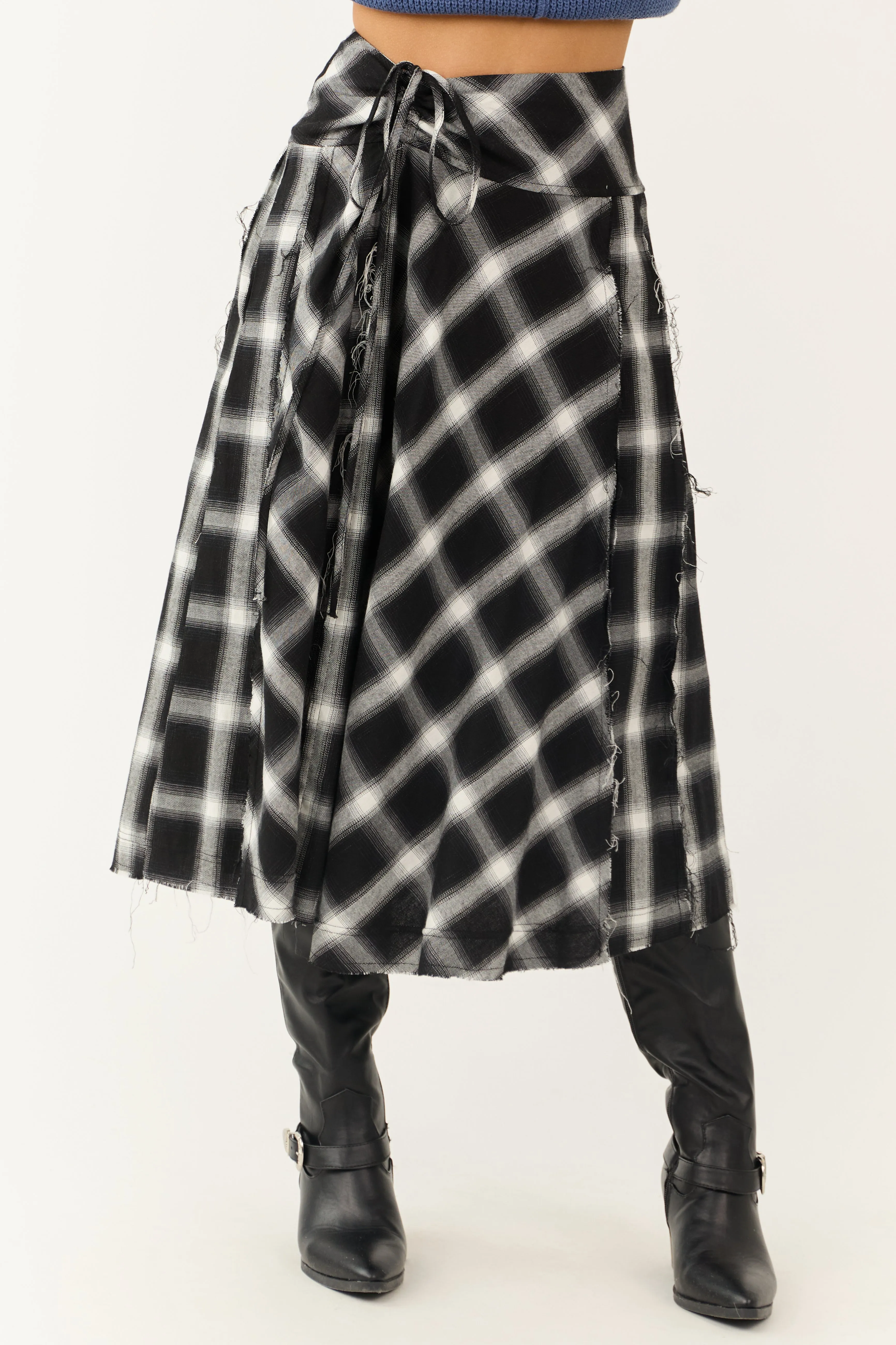 Black and Ivory Plaid Raw Hem Midi Skirt sold by Lime Lush product image thumbnail 2