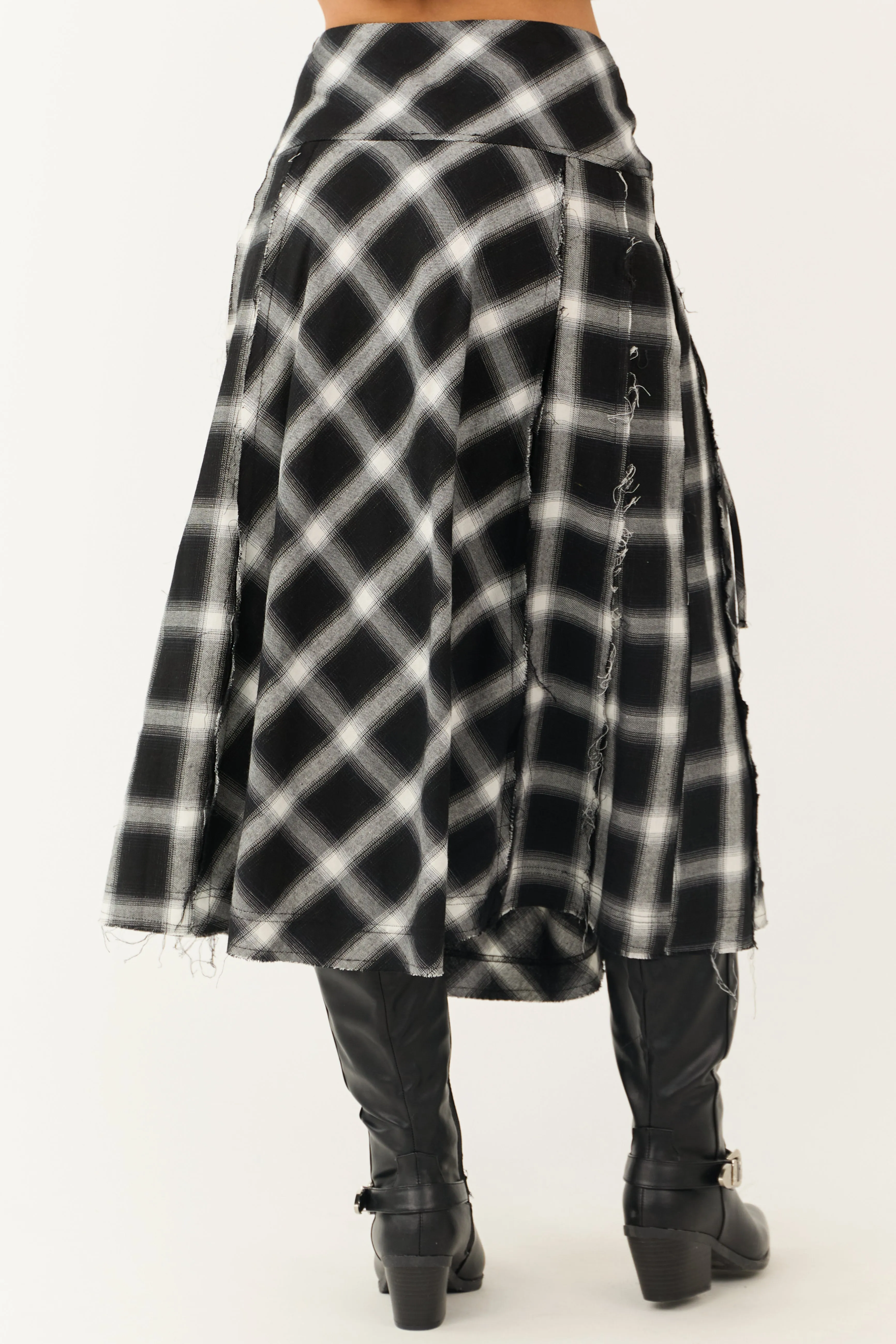 Black and Ivory Plaid Raw Hem Midi Skirt sold by Lime Lush product image thumbnail 4
